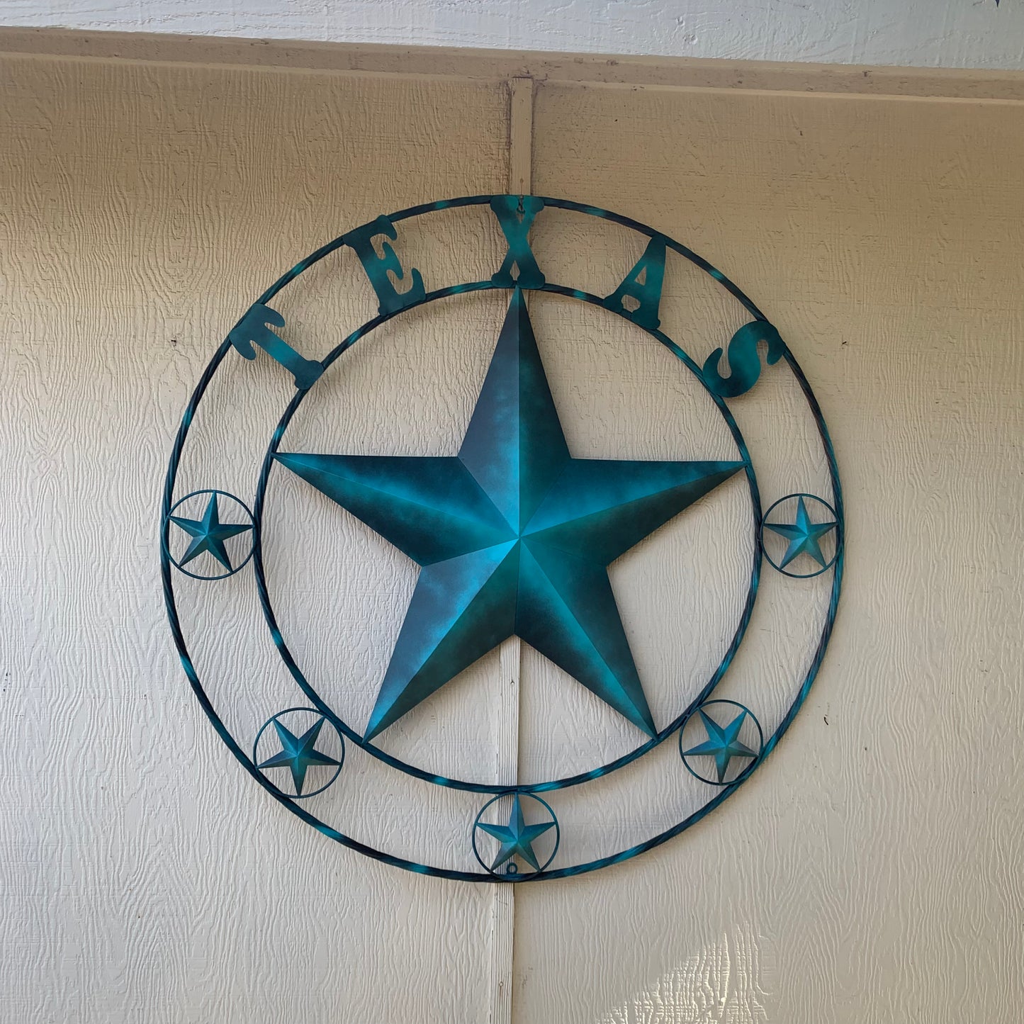 TEXAS LONESTAR TURQUOISE DISTRESSED TWO TONE METAL BARN STAR TWISTED ROPE RING WALL ART WESTERN HOME DECOR HANDMADE NEW #EH10483