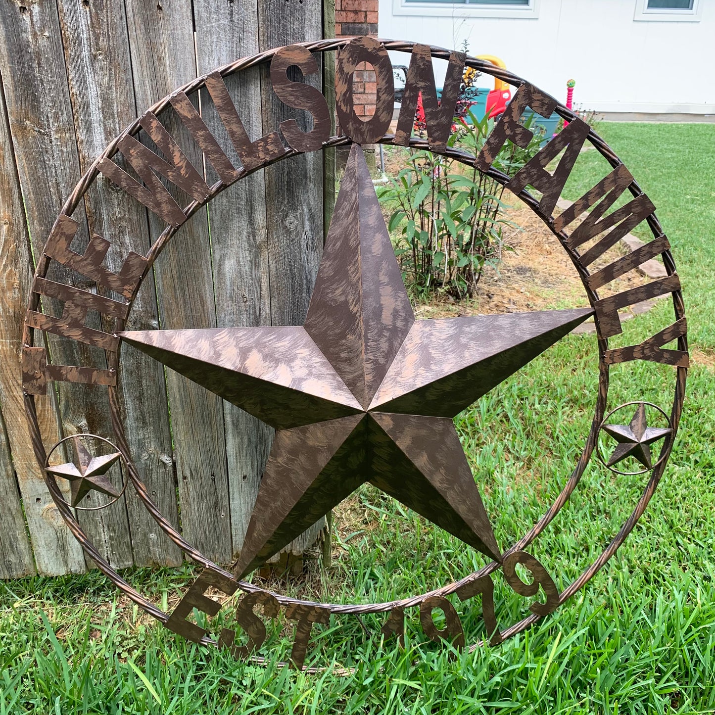 COLOMINA STYLE YOUR CUSTOM NAME BARN STAR BRONZE BRUSH COPPER METAL STAR 3d TWISTED ROPE RING COLOMINA WESTERN HOME DECOR RUSTIC VINTAGE HANDMADE 24",32",36",40",42",44",46",50"