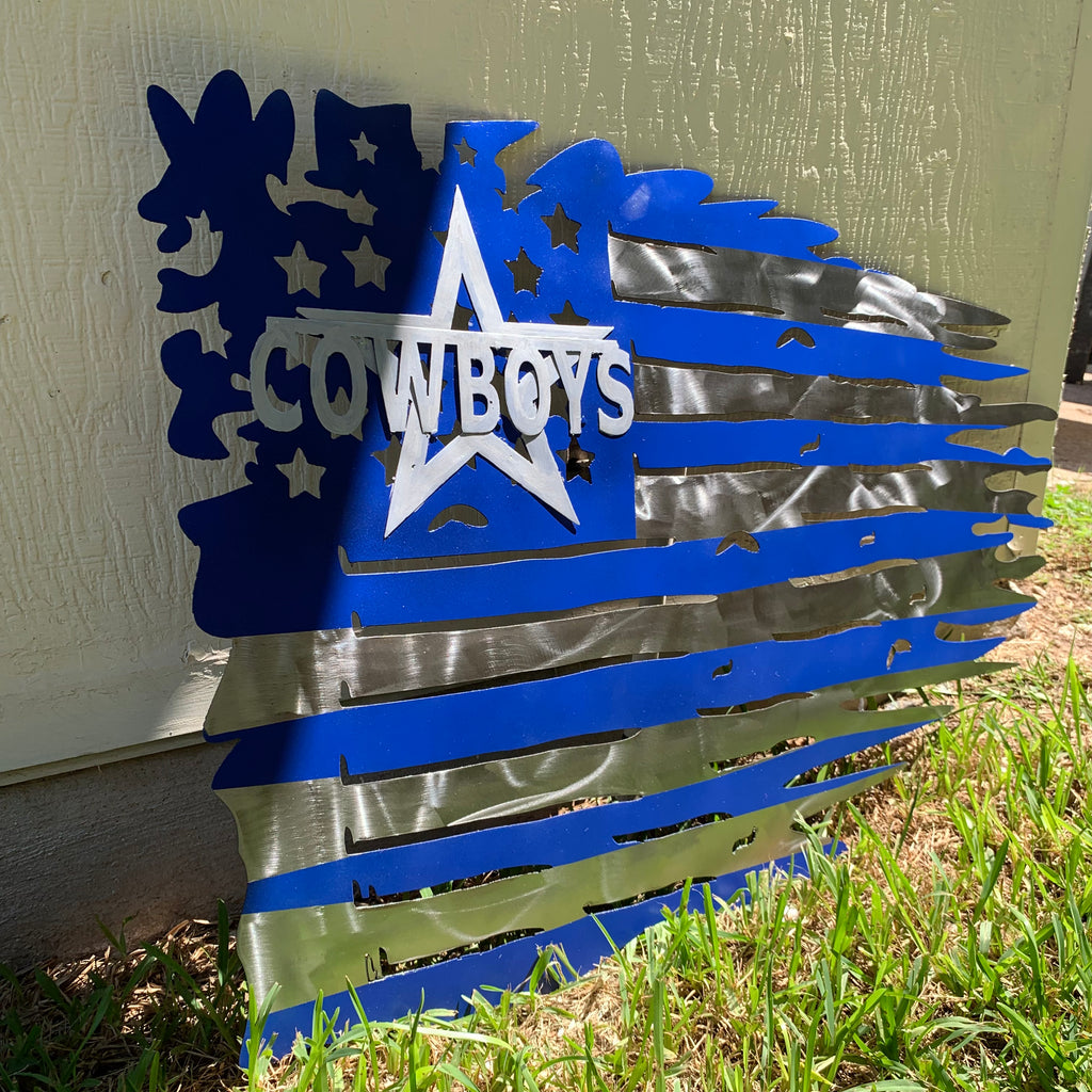 DALLAS COWBOYS METAL TATTERED FLAG BRIGHT BLUE & SILVER CUSTOM VINTAGE  CRAFT TEAM SIGN HANDMADE