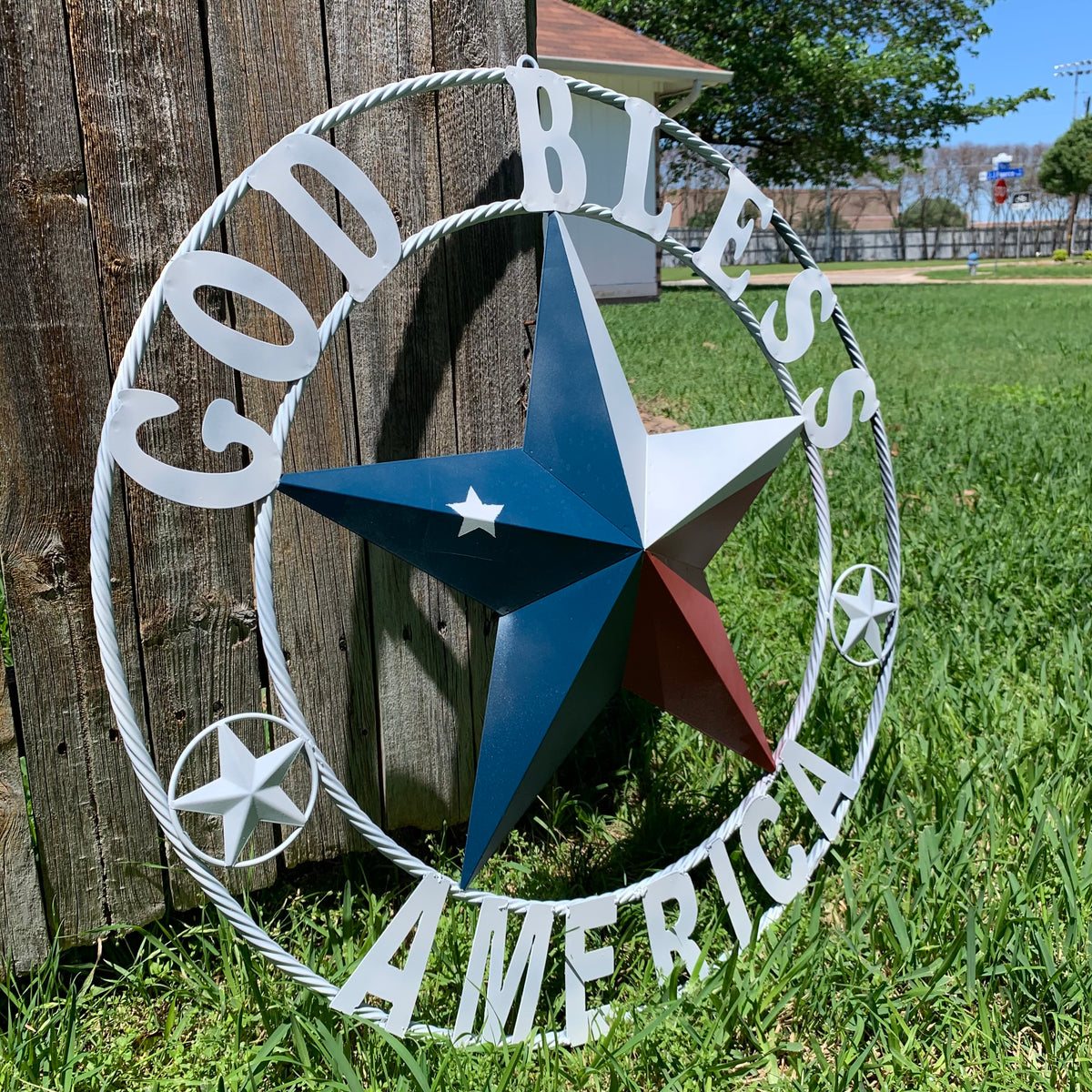GOD BLESS AMERICA WHITE RING & RED WHITE BLUE BARN METAL STAR TWISTED RING HANDMADE NEW