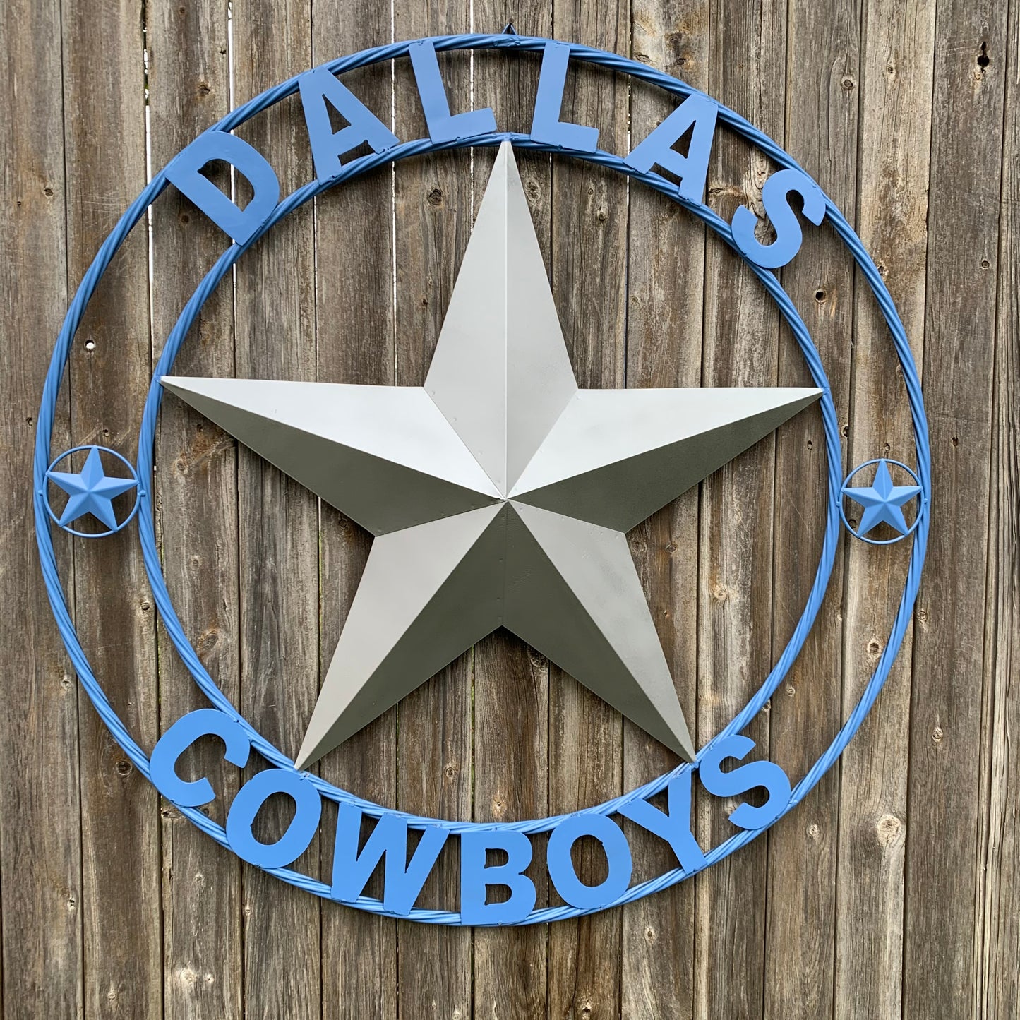 DALLAS COWBOYS SILVER & LIGHT BLUE BARN STAR CUSTOM VINTAGE METAL LONE STAR ART WESTERN HOME DECOR SIZE:24",32",36",40",42",44",46",50"