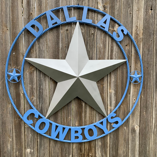 DALLAS COWBOYS SILVER & LIGHT BLUE BARN STAR CUSTOM VINTAGE METAL LONE STAR ART WESTERN HOME DECOR SIZE:24",32",36",40",42",44",46",50"