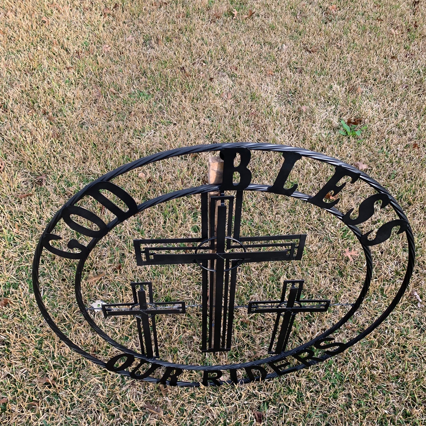 40"GOD BLESS OUR RIDERS CRUCIFIX BLACK CROSS METAL WALL ART HANDMADE
