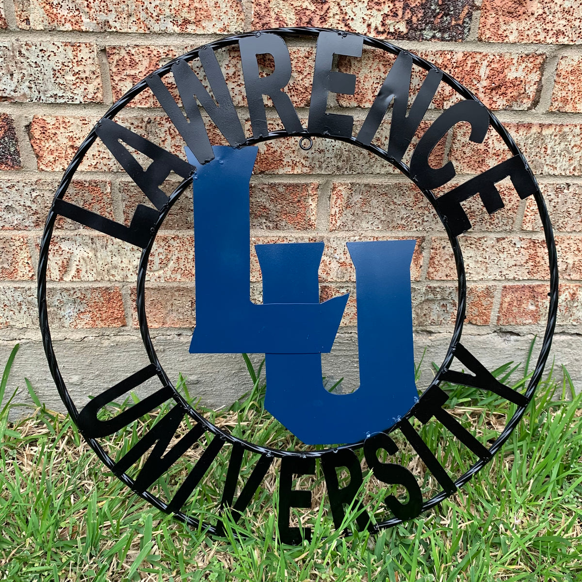 LAWRENCE UNIVERSITY METAL CUSTOM VINTAGE CRAFT WALL ART RUSTIC BLUE & BLACK TEAM SIGN HANDMADE