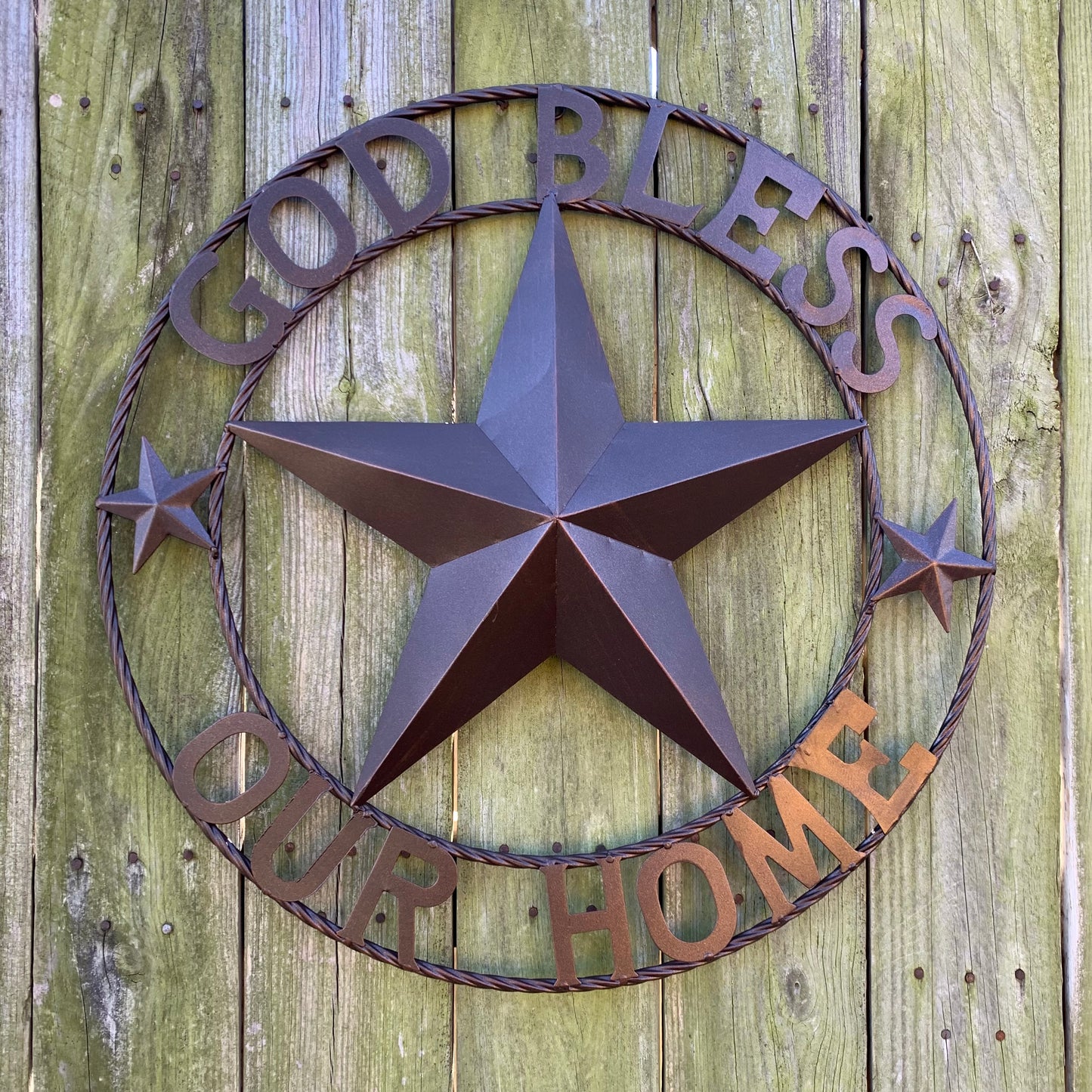 GOD BLESS OUR HOME BARN METAL STAR TWISTED ROPE RING WESTERN HOME DECOR RUSTIC BRONZE HANDMADE NEW #EH11021