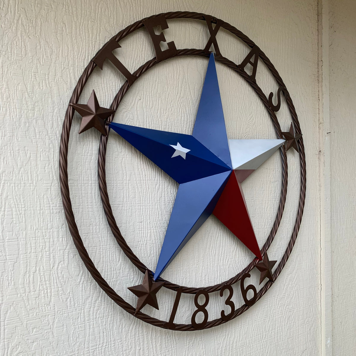TEXAS 1836  FLAG STAR RED WHITE BLUE BARN STAR TWISTED ROPE RING BRONZE WESTERN HOME DECOR  #EH10958