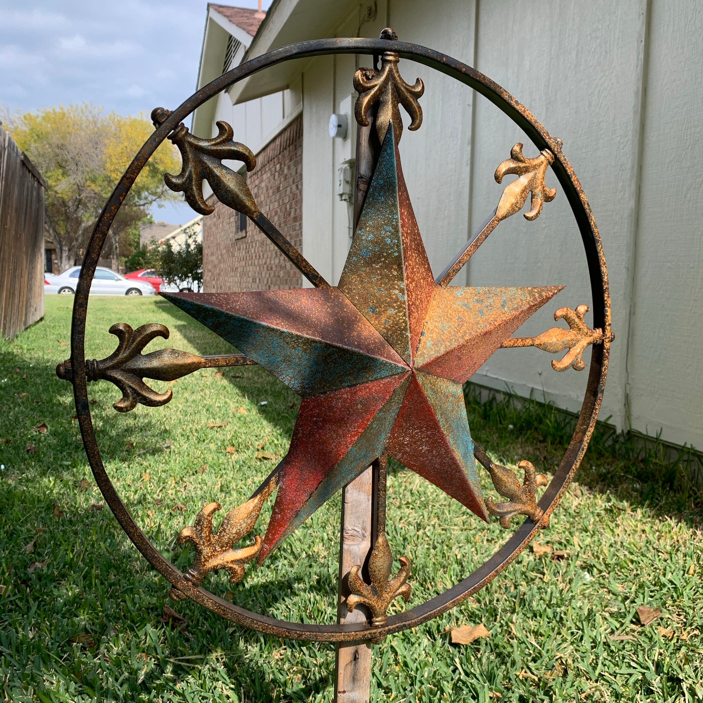 24" RUSTIC STAR & MULTI FLEUR DE LIS METAL WALL ART WESTERN HOME DECOR RED GOLD & TURQUOISE ART
