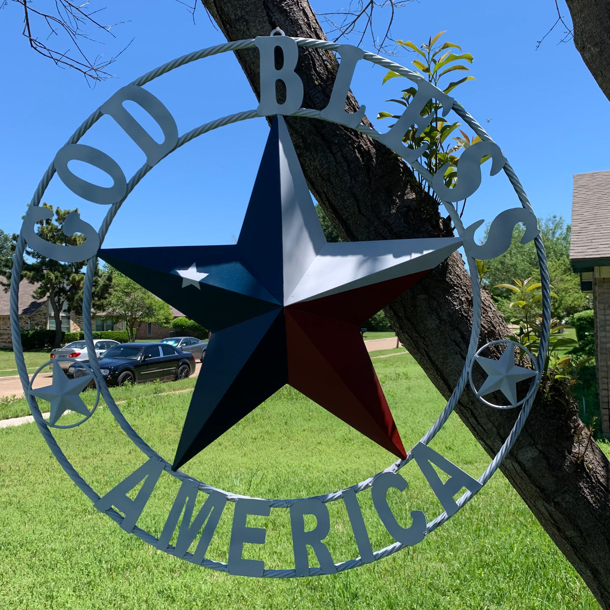 GOD BLESS AMERICA WHITE RING & RED WHITE BLUE BARN METAL STAR TWISTED RING HANDMADE NEW