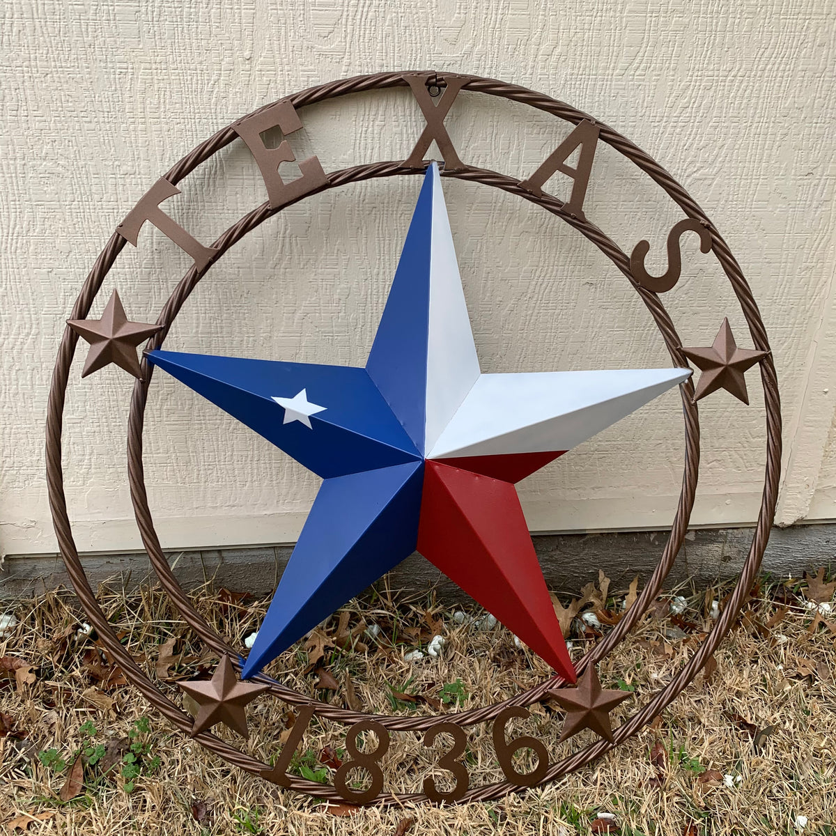 TEXAS 1836  FLAG STAR RED WHITE BLUE BARN STAR TWISTED ROPE RING BRONZE WESTERN HOME DECOR  #EH10958