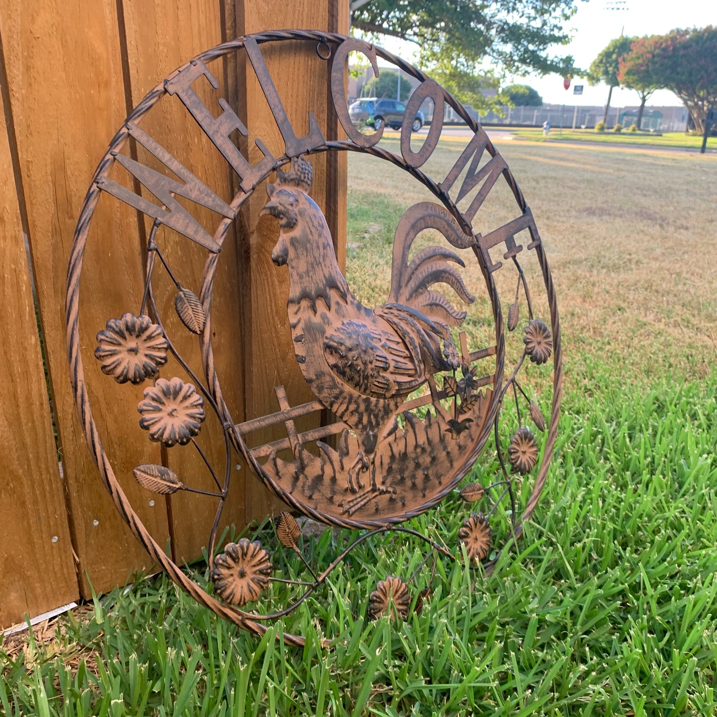 #EH11437 ROOSTER WELCOME 24" SCROLL ART METAL SIGN WESTERN HOME DECOR NEW