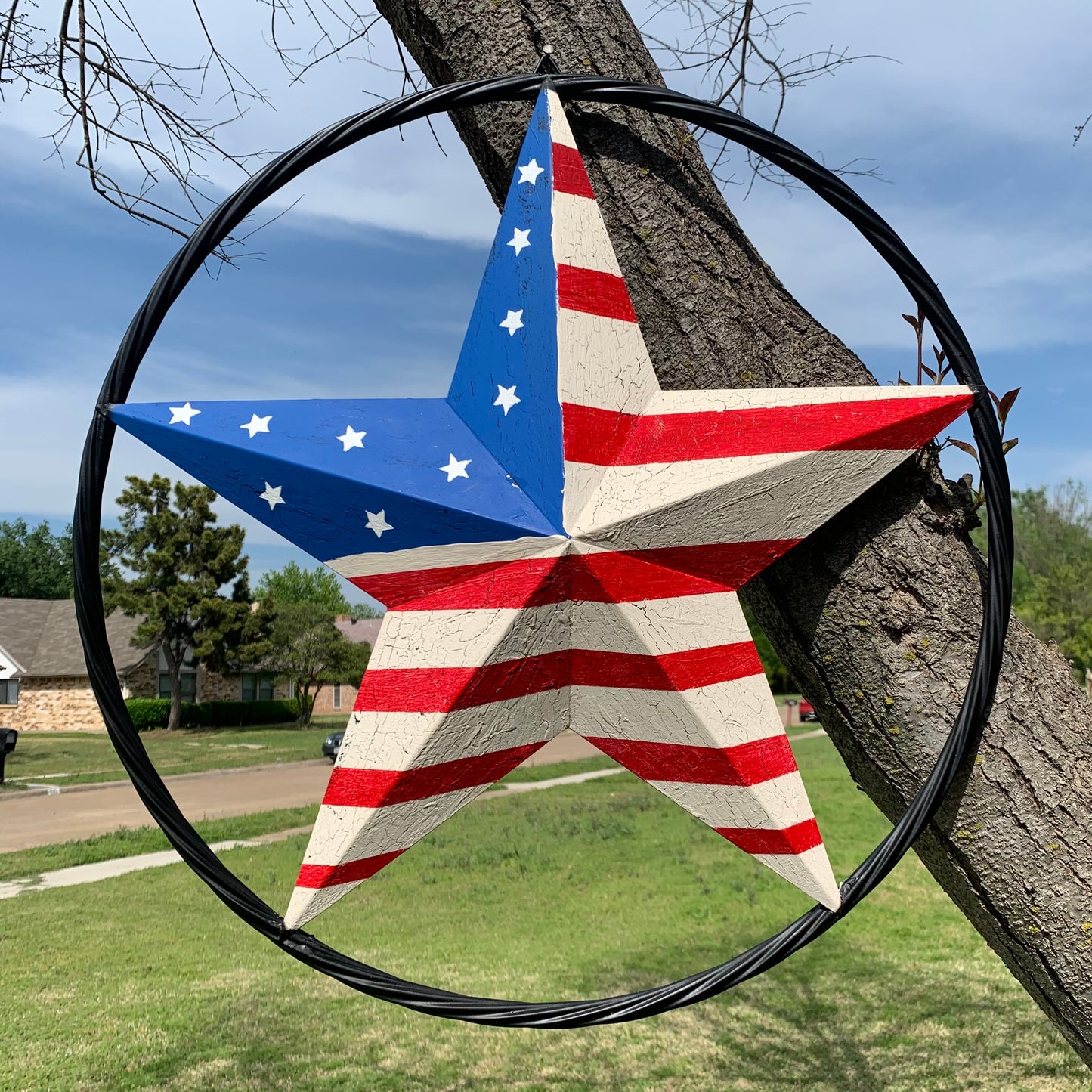 24" AMERICAN USA FLAG CRACKLE STAR METAL WALL ART WESTERN HOME DECOR HANDMADE NEW