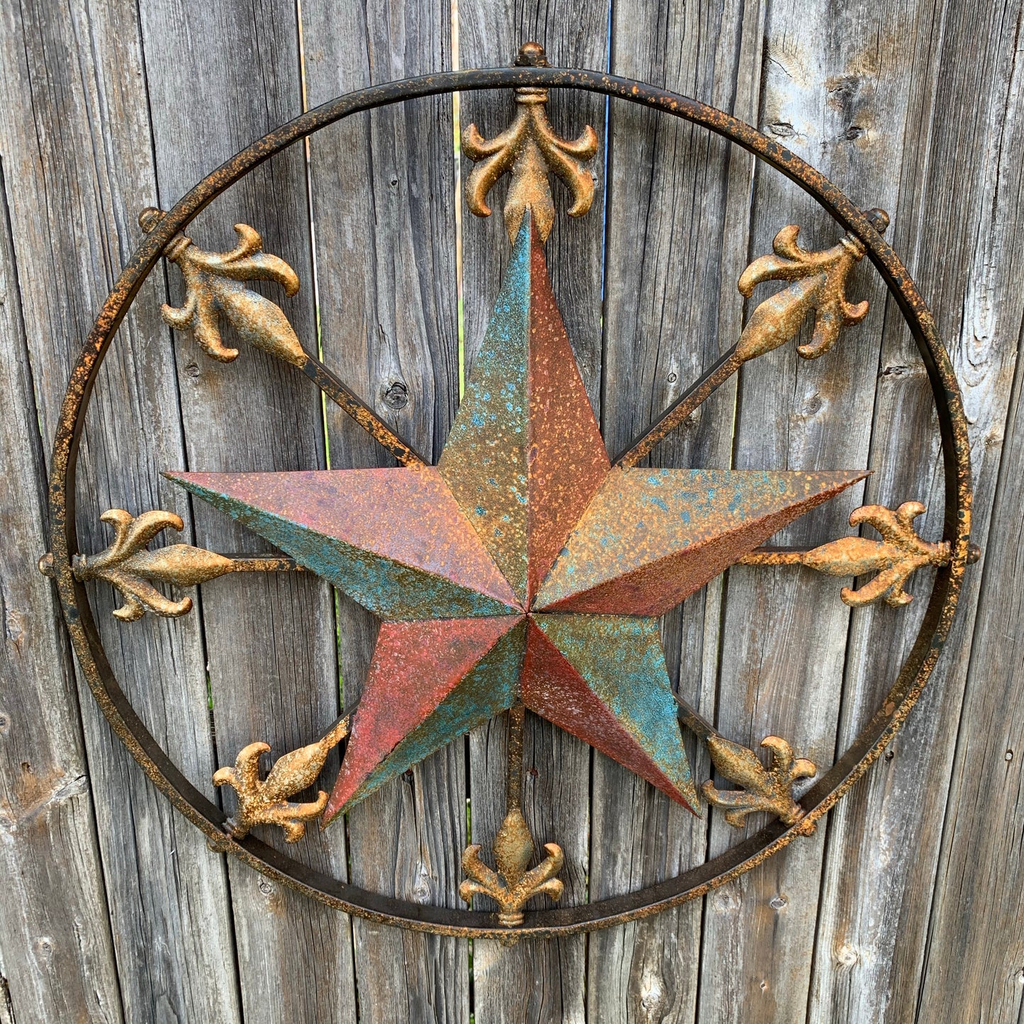 24" RUSTIC STAR & MULTI FLEUR DE LIS METAL WALL ART WESTERN HOME DECOR RED GOLD & TURQUOISE ART
