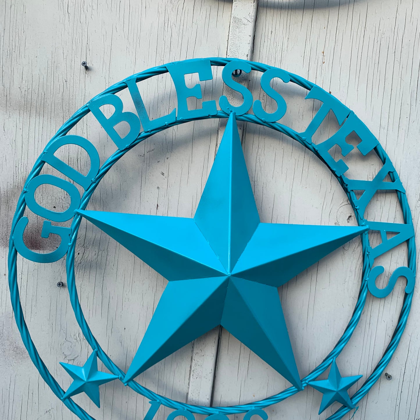 GOD BLESS TEXAS 1836 BARN METAL STAR TWISTED ROPE RING WESTERN HOME DECOR RUSTIC TURQUOISE SEASIDE NEW 24",32",36"