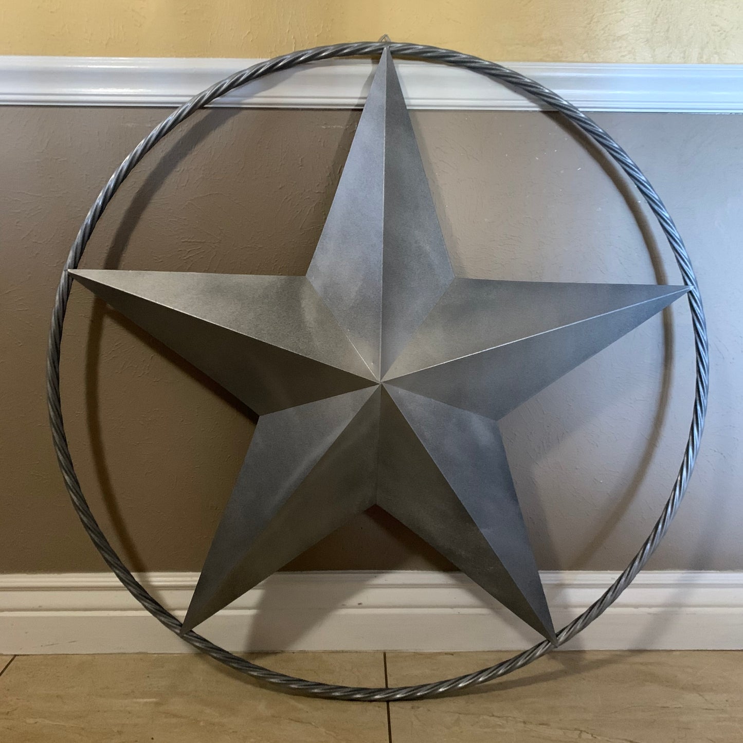 RUSTIC GREY SILVER BARN METAL STAR TWISTED ROPE RING WESTERN HOME DECOR HANDMADE NEW 12",24",36",50",60",72"