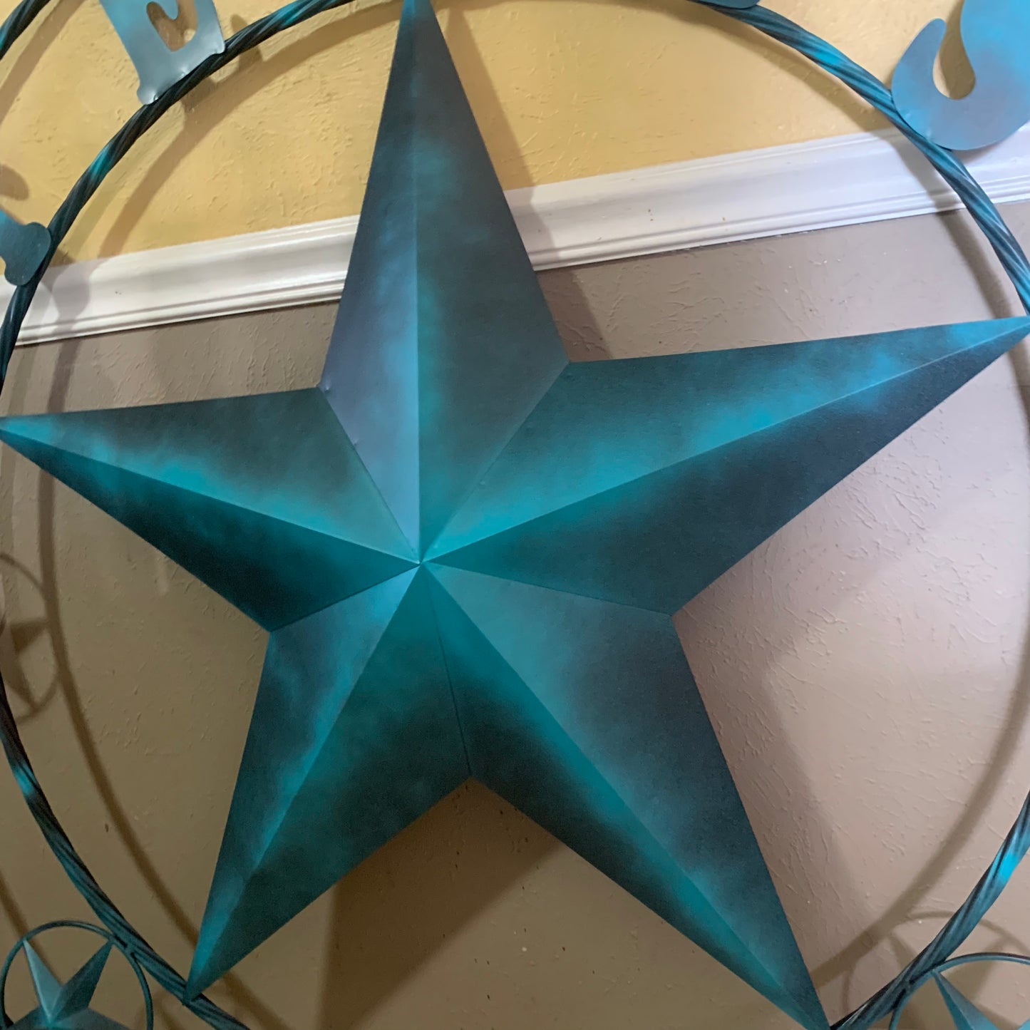 TEXAS LONESTAR TURQUOISE DISTRESSED TWO TONE METAL BARN STAR TWISTED ROPE RING WALL ART WESTERN HOME DECOR HANDMADE NEW #EH10483