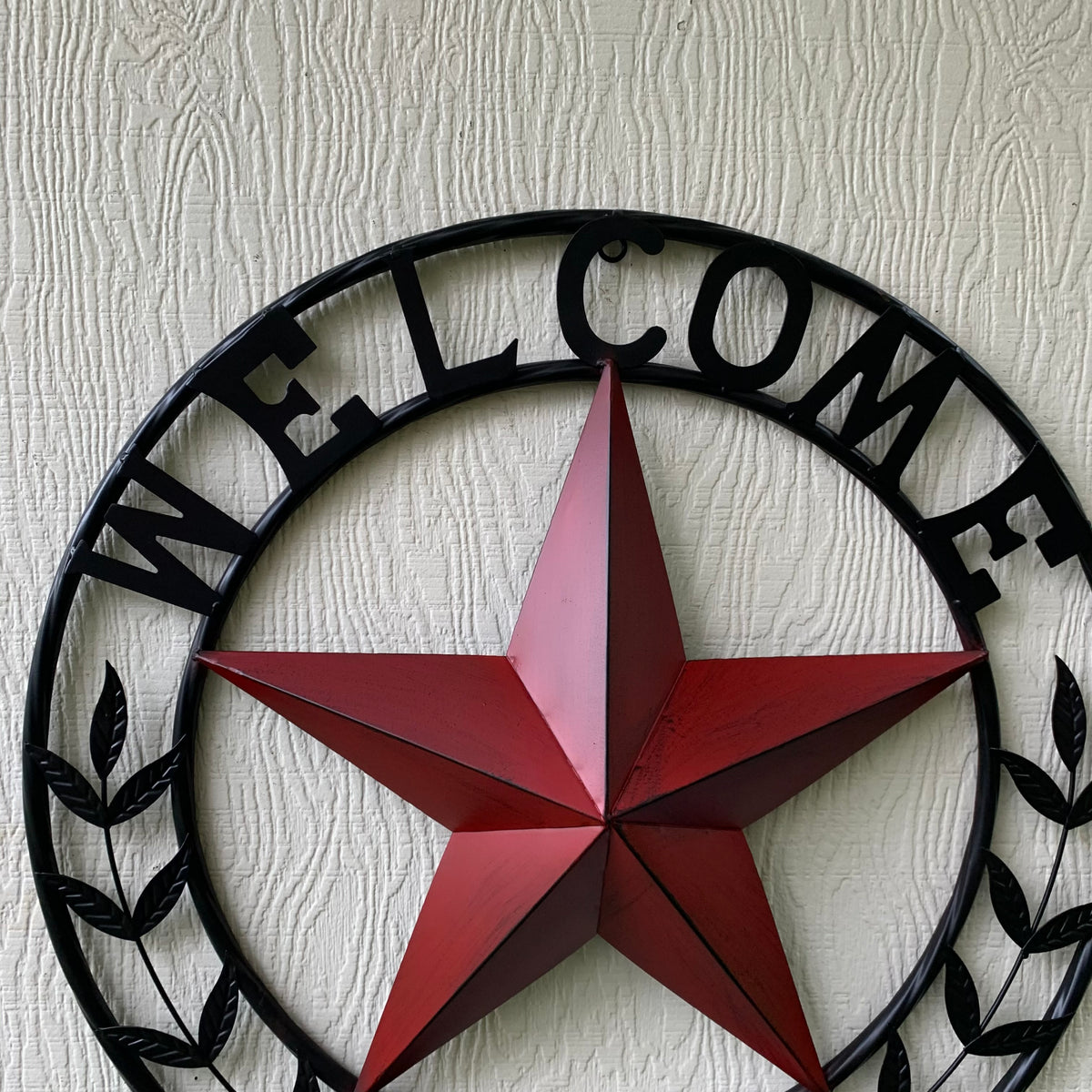 24" WELCOME LEAF LEAVES STAR METAL WALL ART WESTERN HOME DECOR RUSTIC RED HANDMADE