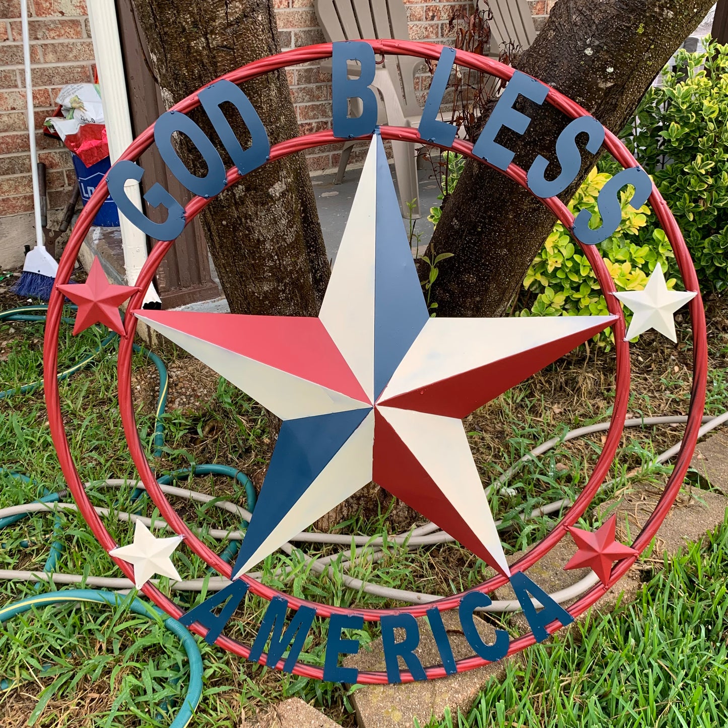#EH10489 GOD BLESS AMERICA USA FLAG BARN STAR METAL RED WHITE BLUE WESTER HOME DECOR HANDMADE NEW
