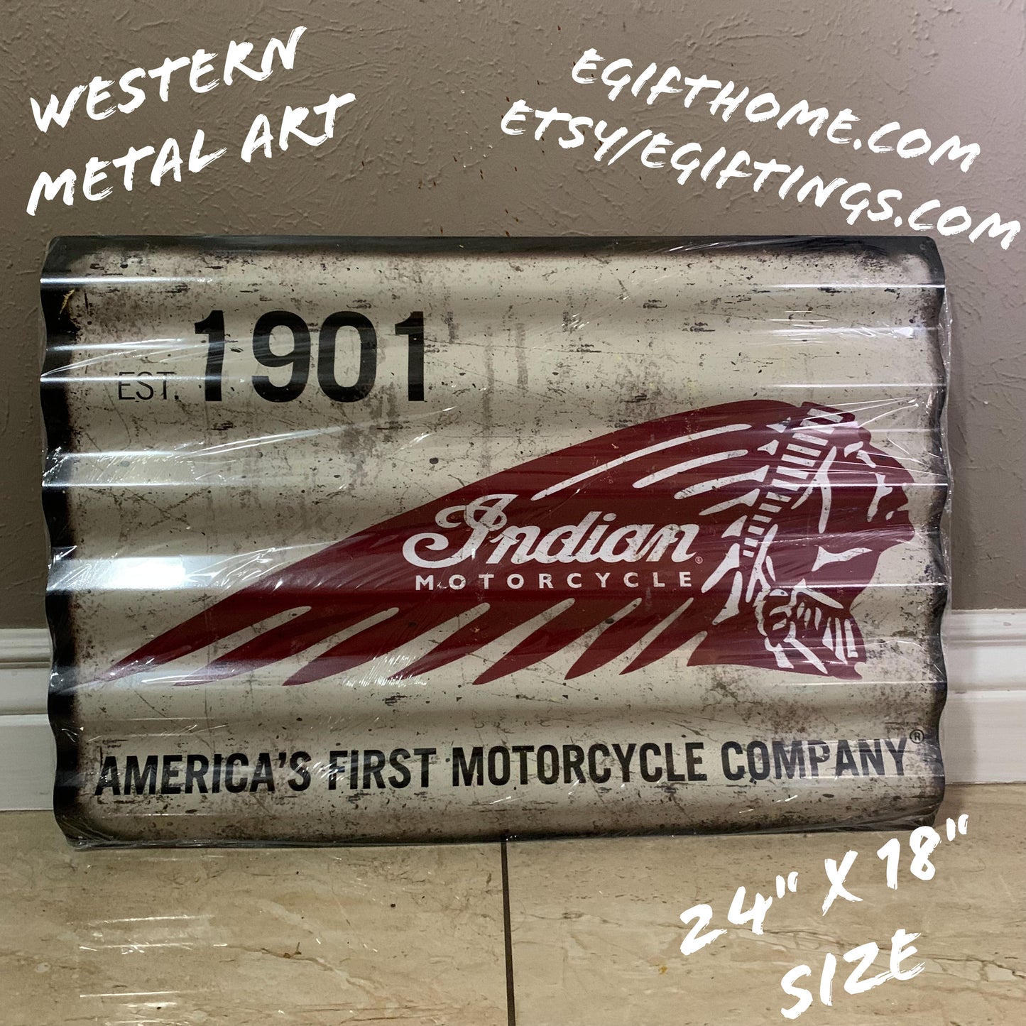 INDIAN MOTORCYCLES TIN METAL SIGN 24"X18" CORRUGATED WESTERN HOME DECOR ITEM#COIND