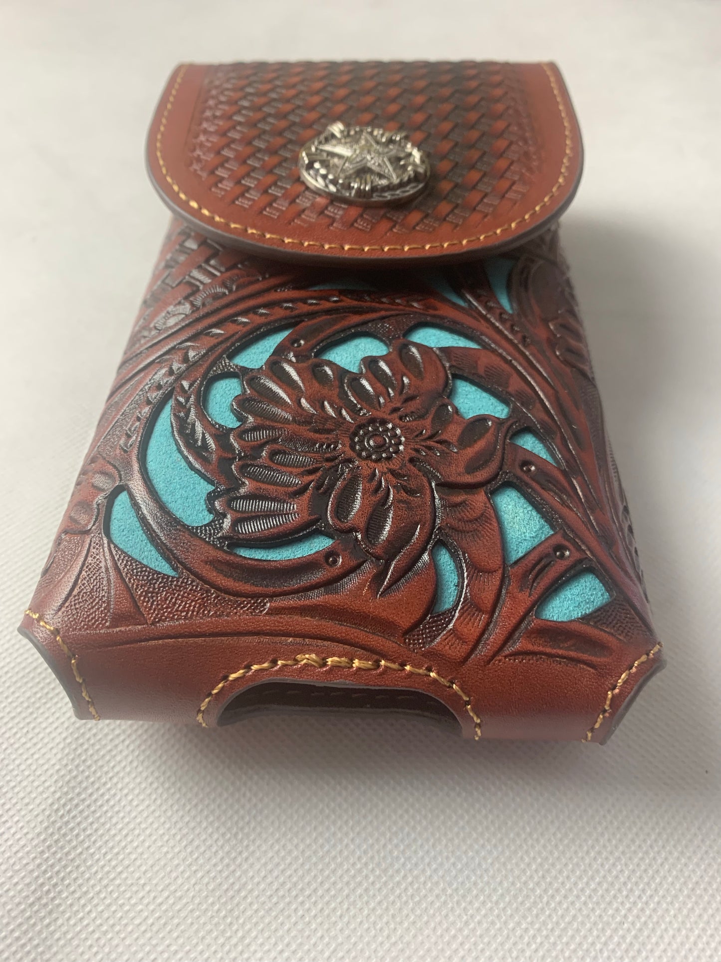 7" LONE STAR BLACK & TURQUOISE LEATHER HOLSTER POUCH EXTRA LARGE  BELT LOOP CELL PHONE CASE UNIVERSAL OVERSIZE--FREE SHIPPING
