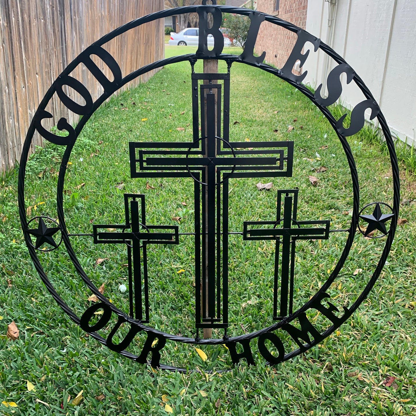 40"GOD BLESS OUR HOME CRUCIFIX CROSS METAL WALL ART BLACK HANDMADE NEW
