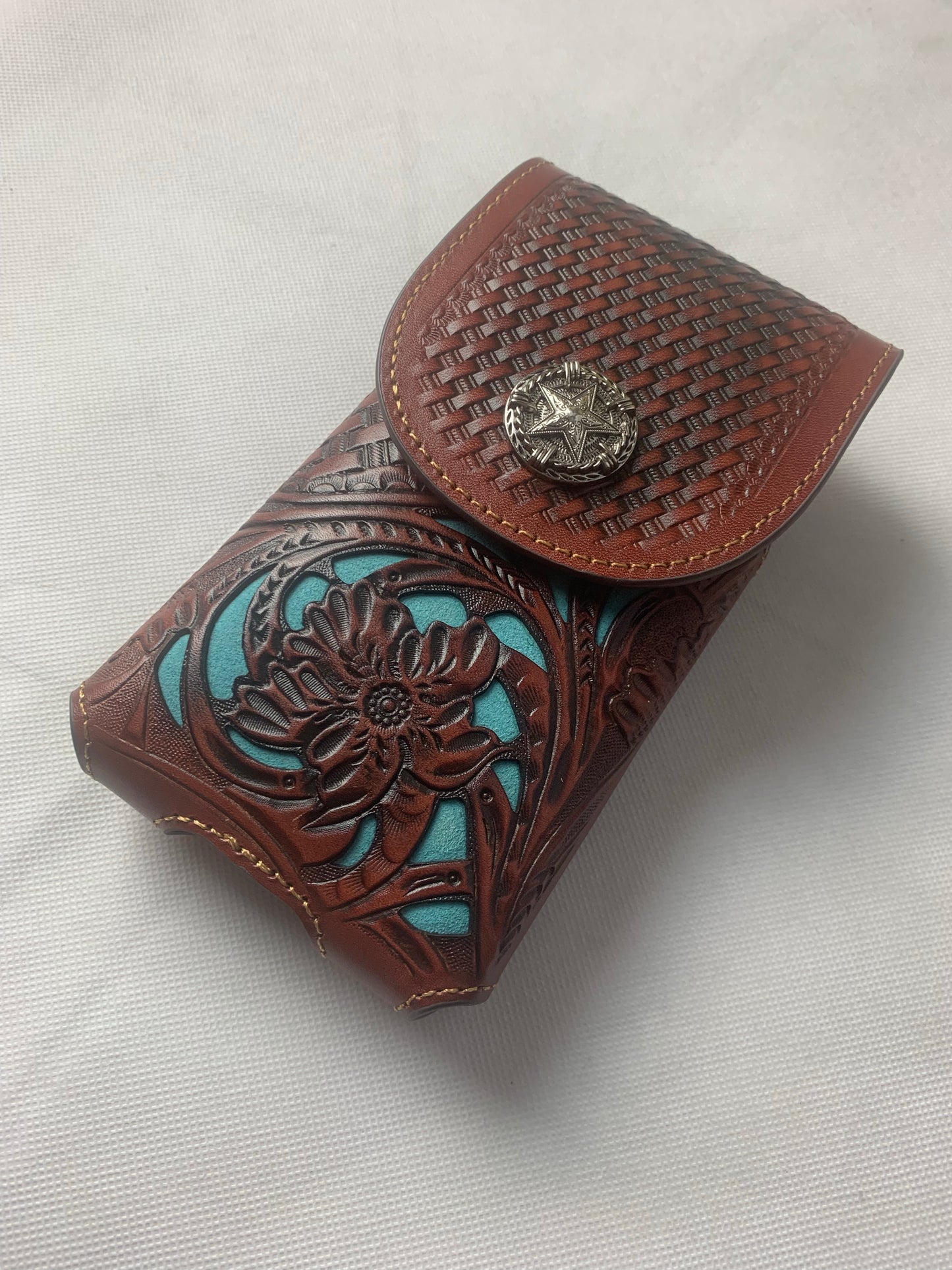 7" LONE STAR BLACK & TURQUOISE LEATHER HOLSTER POUCH EXTRA LARGE  BELT LOOP CELL PHONE CASE UNIVERSAL OVERSIZE--FREE SHIPPING