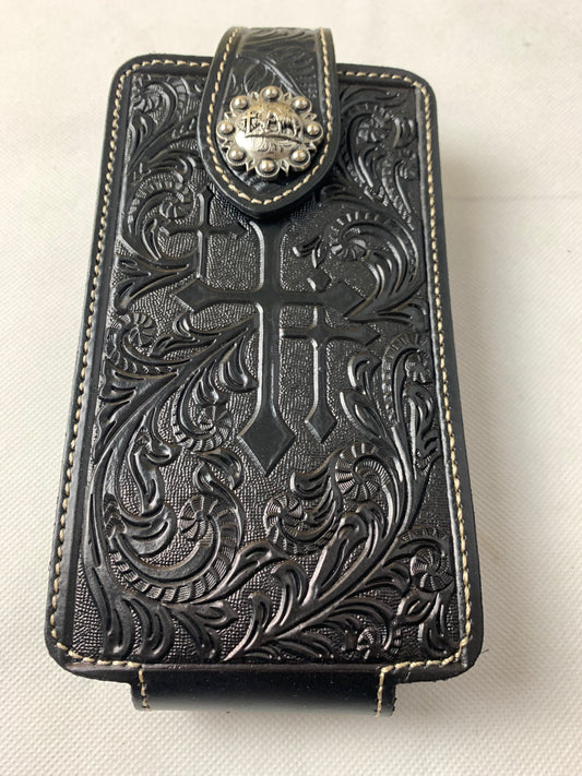 #WS341D 7" COWBOY PRAYER CROSS HOLSTER BLACK LEATHER POUCH EXTRA LARGE  BELT LOOP CELL PHONE CASE UNIVERSAL OVERSIZE--FREE SHIPPING