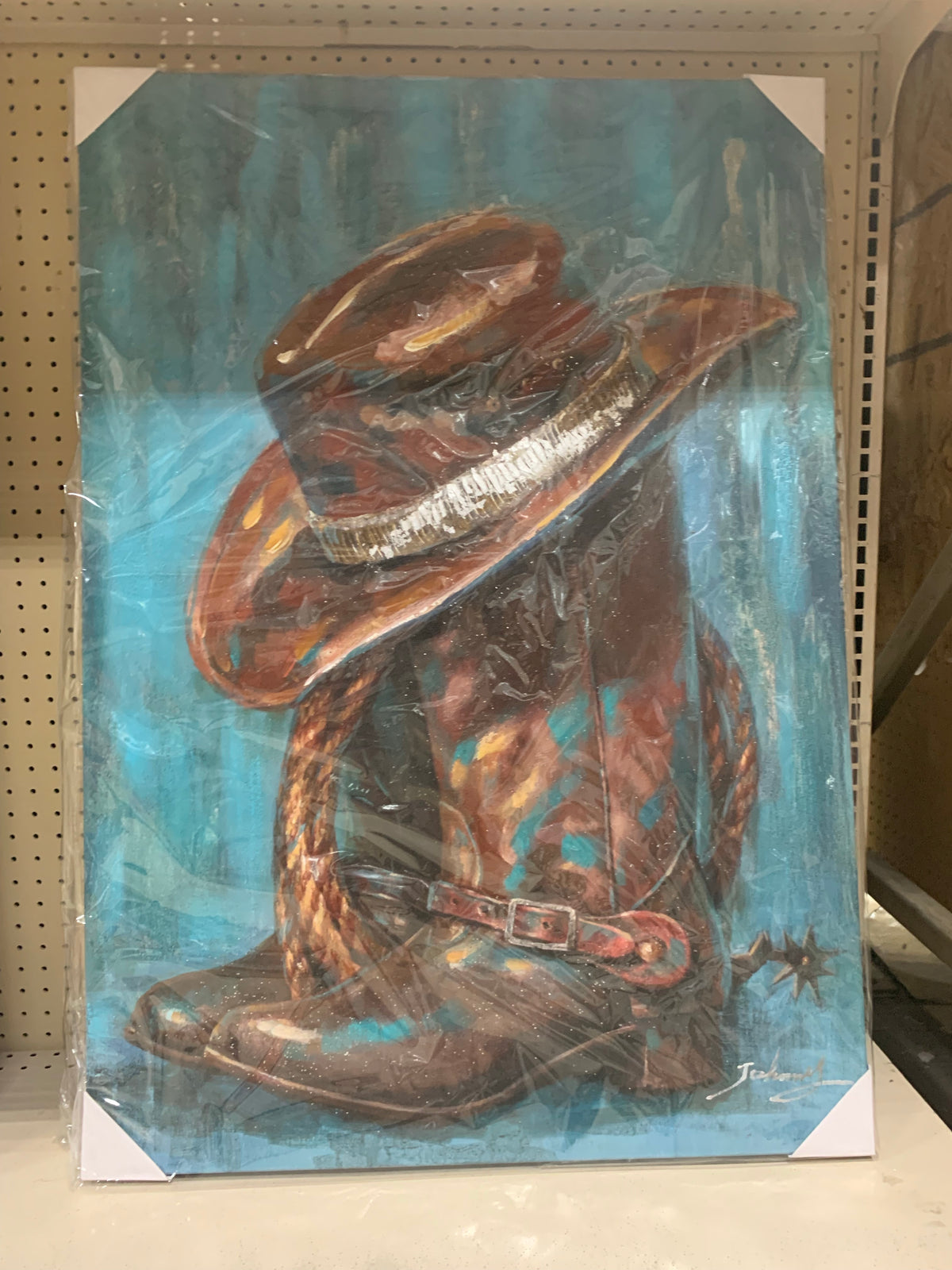 RA0102  28"x40" DOUBLE BOOT HAT ROPE CANVAS PAINTING PICTURE WESTERN COUNTRY HOME DECOR HANDMADE