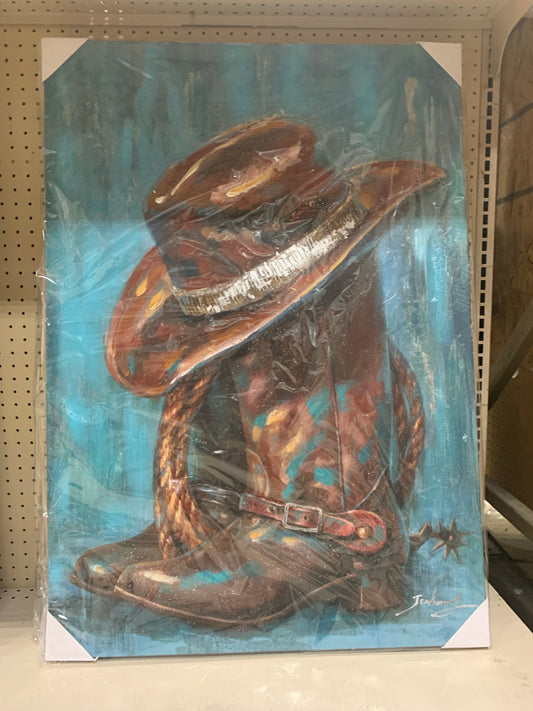 RA0102  28"x40" DOUBLE BOOT HAT ROPE CANVAS PAINTING PICTURE WESTERN COUNTRY HOME DECOR HANDMADE