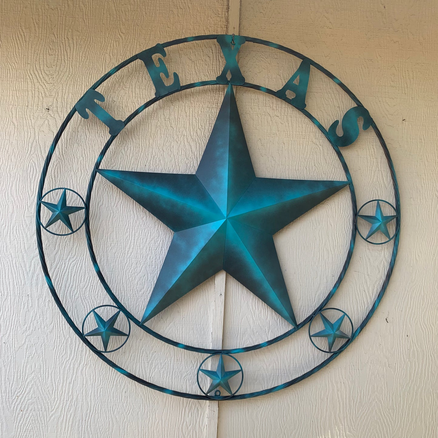 TEXAS LONESTAR TURQUOISE DISTRESSED TWO TONE METAL BARN STAR TWISTED ROPE RING WALL ART WESTERN HOME DECOR HANDMADE NEW #EH10483