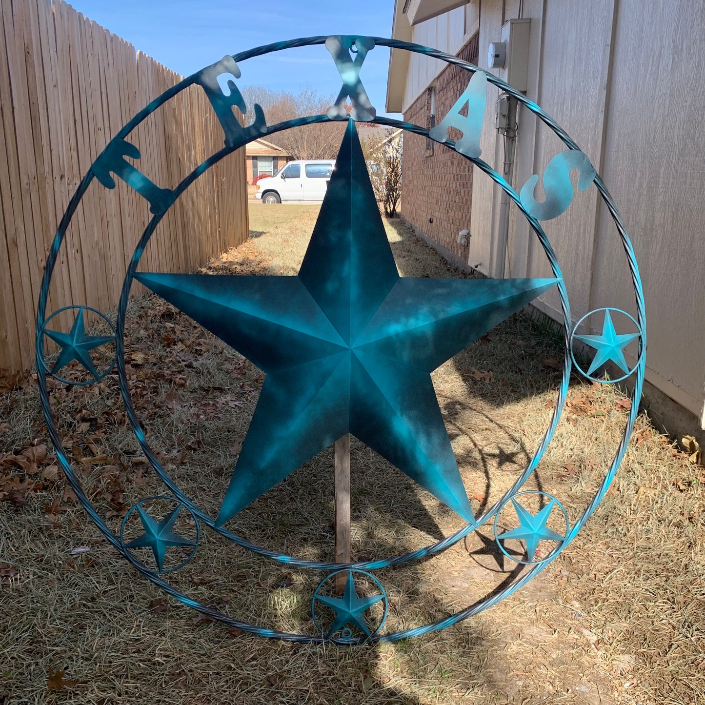 TEXAS LONESTAR TURQUOISE DISTRESSED TWO TONE METAL BARN STAR TWISTED ROPE RING WALL ART WESTERN HOME DECOR HANDMADE NEW #EH10483