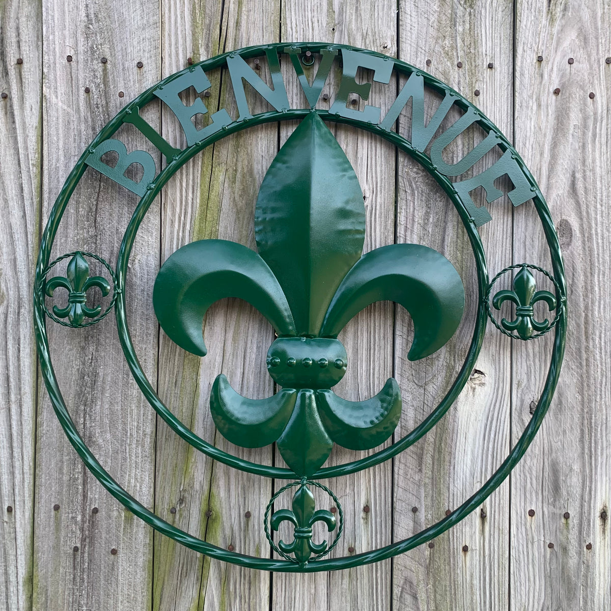 24", 32" GLOSSY HUNTER GREEN FLEUR DE LIS BIENVENUE METAL WALL ART WESTERN HOME DECOR