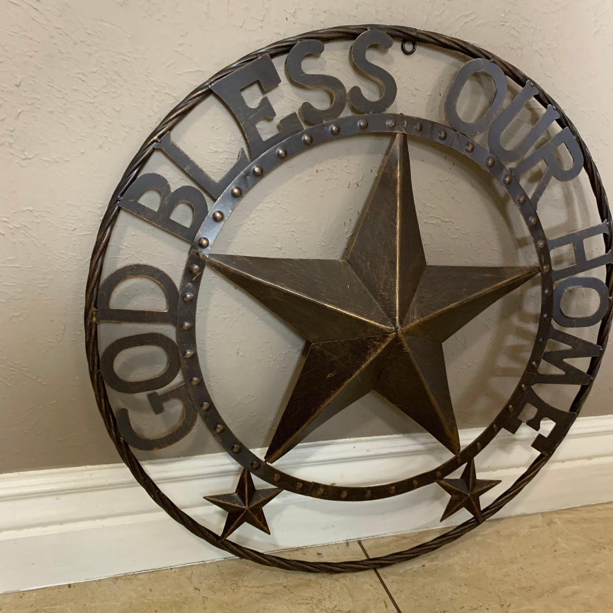 24" GOD BLESS OUR HOME BEADED STAR COLIBROX METAL TWISTED ROPE RING LONE STAR WALL ART WESTERN HOME DECOR RUSTIC DARK BRONZE COPPER HANDMADE NEW