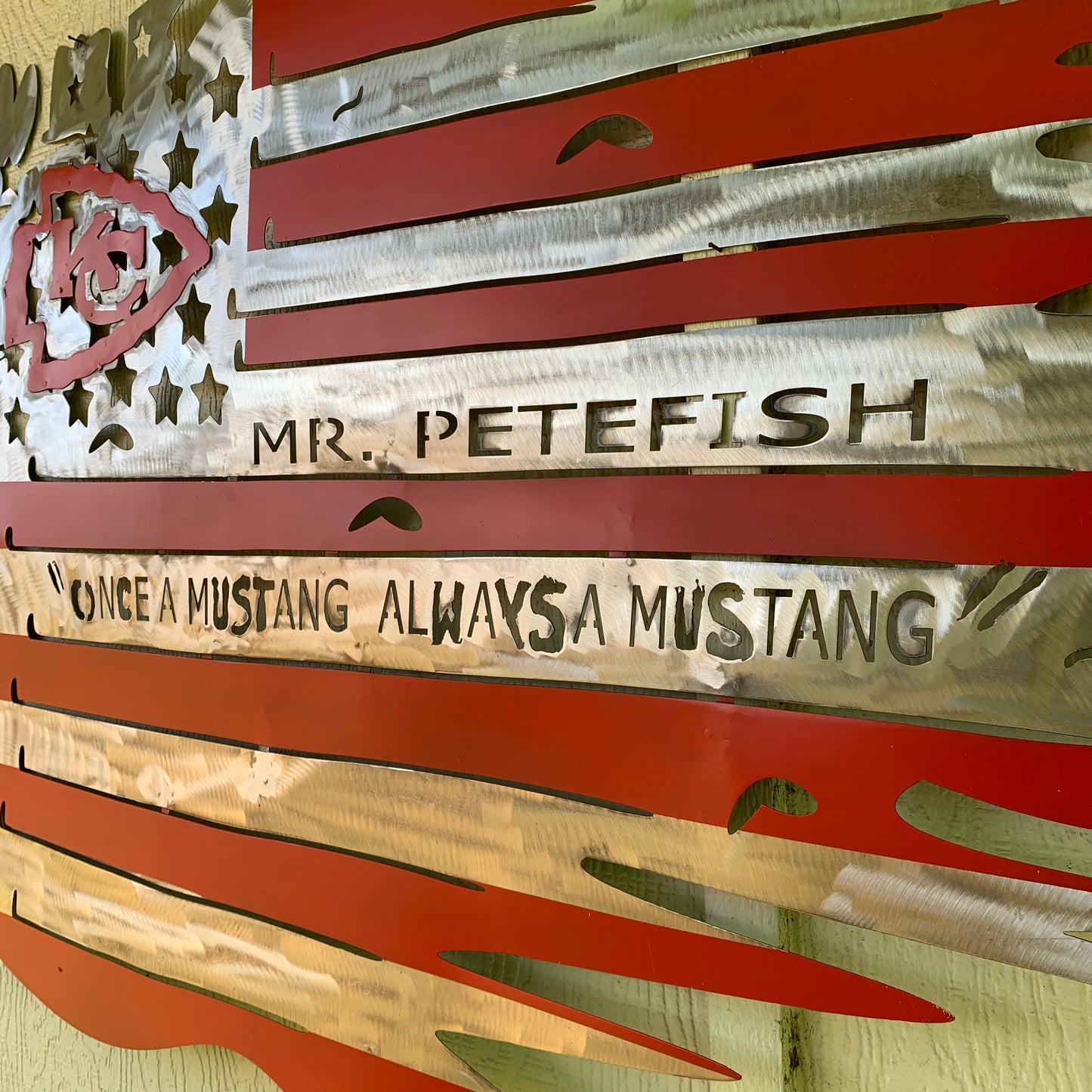 CUSTOM NAME KANSAS CITY CHIEFS METAL TATTERED FLAG CUSTOM VINTAGE CRAFT WALL ART HANDMADE