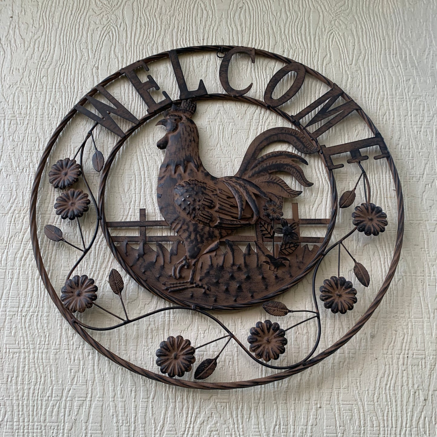 #EH11437 ROOSTER WELCOME 24" SCROLL ART METAL SIGN WESTERN HOME DECOR NEW