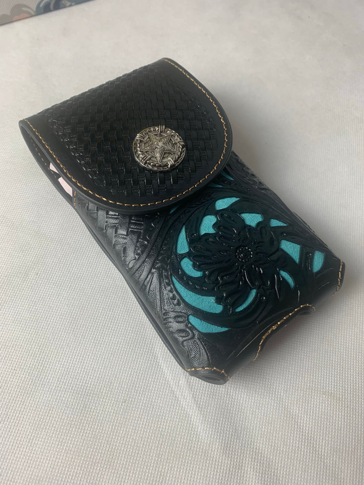 7" LONE STAR BLACK & TURQUOISE LEATHER HOLSTER POUCH EXTRA LARGE  BELT LOOP CELL PHONE CASE UNIVERSAL OVERSIZE--FREE SHIPPING