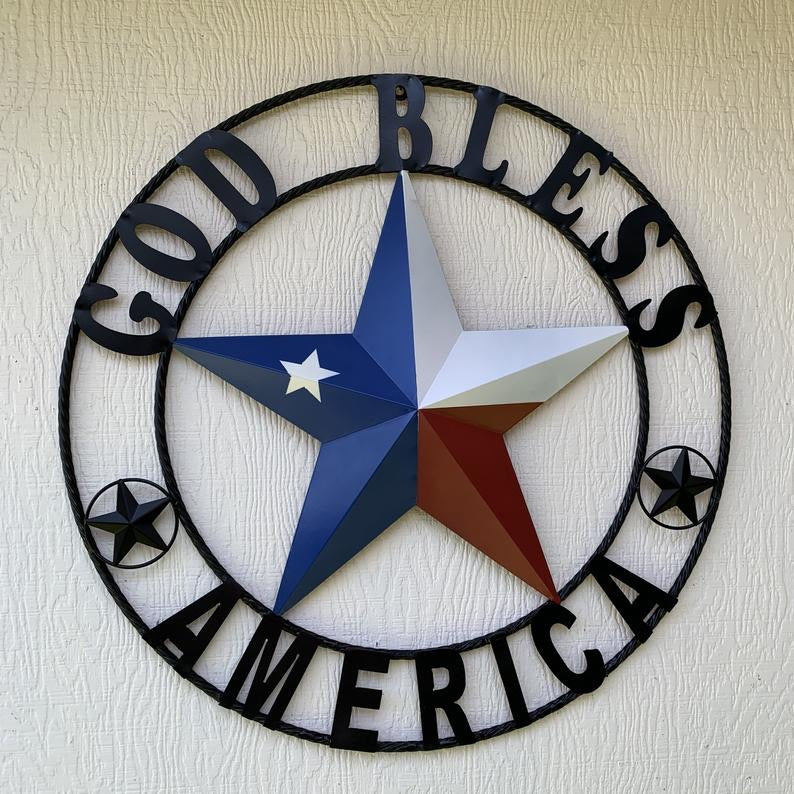 GOD BLESS AMERICA RED WHITE & BLUE METAL BARN STAR TWISTED ROPE RING WESTERN HOME DECOR HANDMADE NEW #EH10549