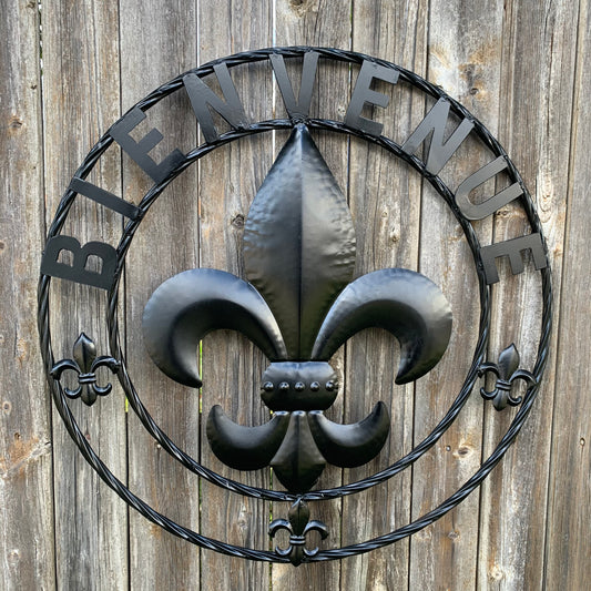 24", 32" GLOSSY BLACK BIENVENUE FLEUR DE LIS METAL WALL ART WESTERN HOME DECOR NEW