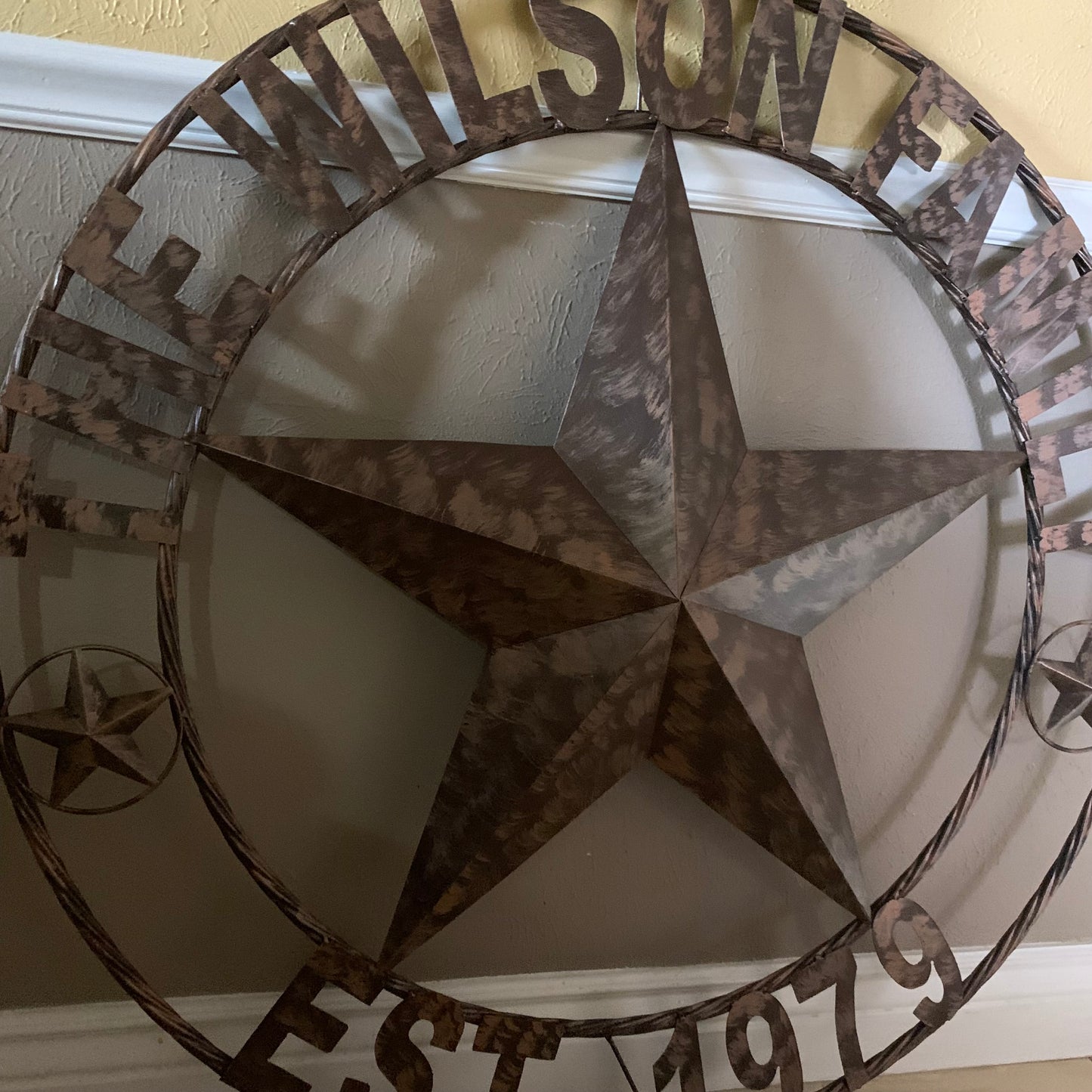 COLOMINA STYLE YOUR CUSTOM NAME BARN STAR BRONZE BRUSH COPPER METAL STAR 3d TWISTED ROPE RING COLOMINA WESTERN HOME DECOR RUSTIC VINTAGE HANDMADE 24",32",36",40",42",44",46",50"