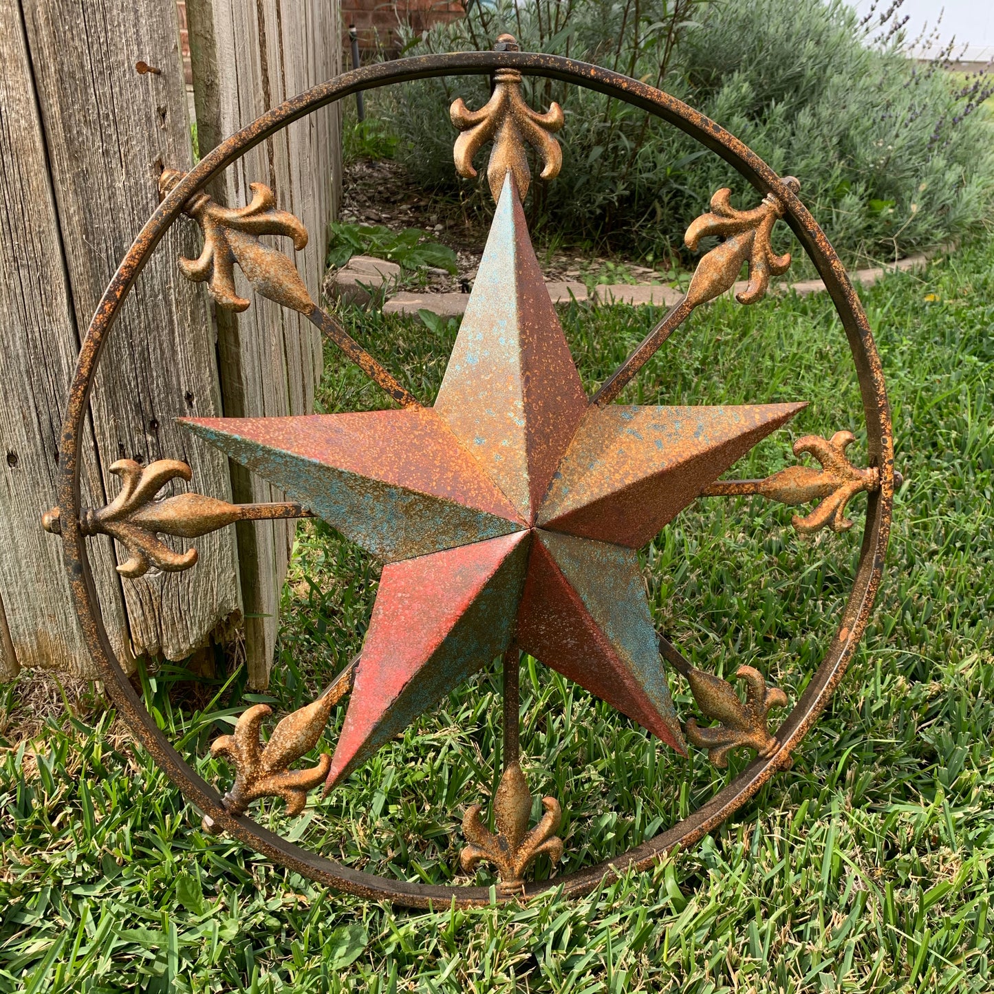 24" RUSTIC STAR & MULTI FLEUR DE LIS METAL WALL ART WESTERN HOME DECOR RED GOLD & TURQUOISE ART