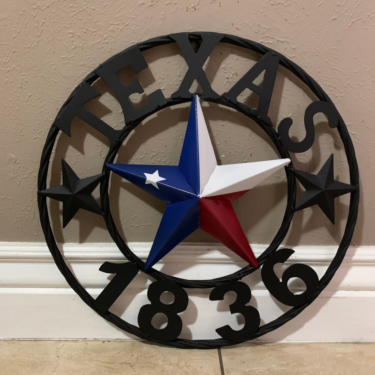 16" TEXAS 1836 RED WHITE BLUE TEXAS FLAG STAR & BLACK RING BARN STAR METAL WALL WESTERN HOME DECOR HANDMADE NEW ART