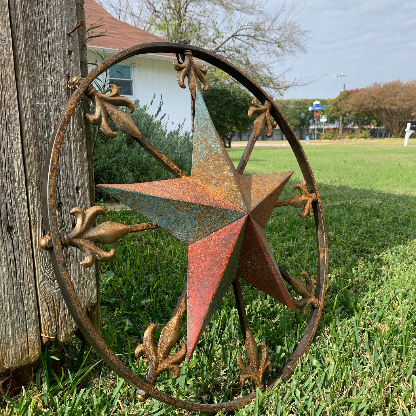 24" RUSTIC STAR & MULTI FLEUR DE LIS METAL WALL ART WESTERN HOME DECOR RED GOLD & TURQUOISE ART