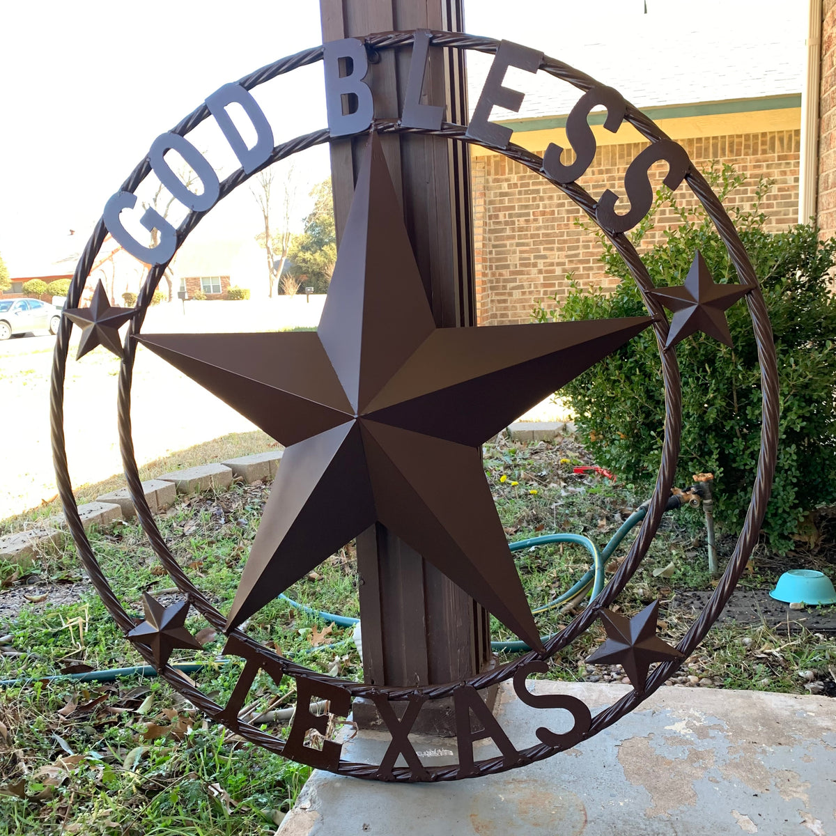 GOD BLESS TEXAS BROWN BARN STAR METAL LONE STAR TWISTED ROPE RING WESTERN HOME DECOR HANDMADE NEW #EH11085