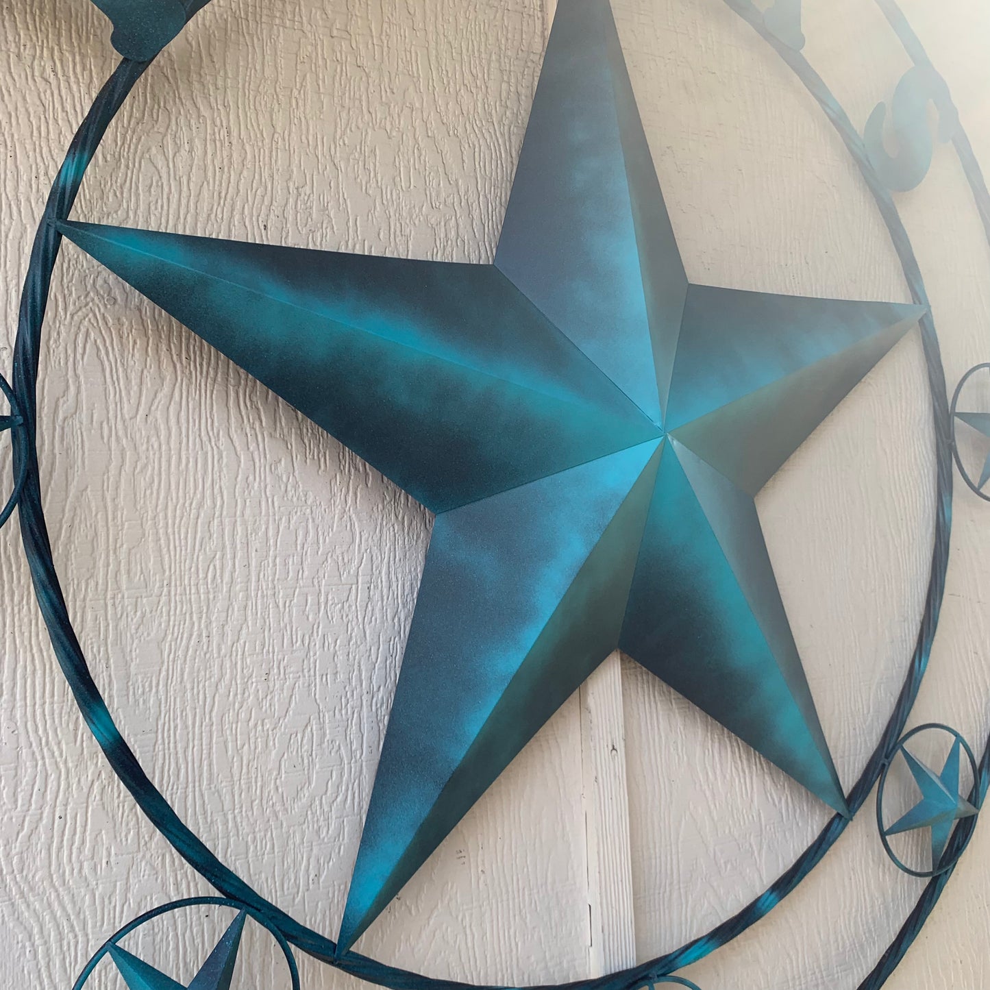 TEXAS LONESTAR TURQUOISE DISTRESSED TWO TONE METAL BARN STAR TWISTED ROPE RING WALL ART WESTERN HOME DECOR HANDMADE NEW #EH10483