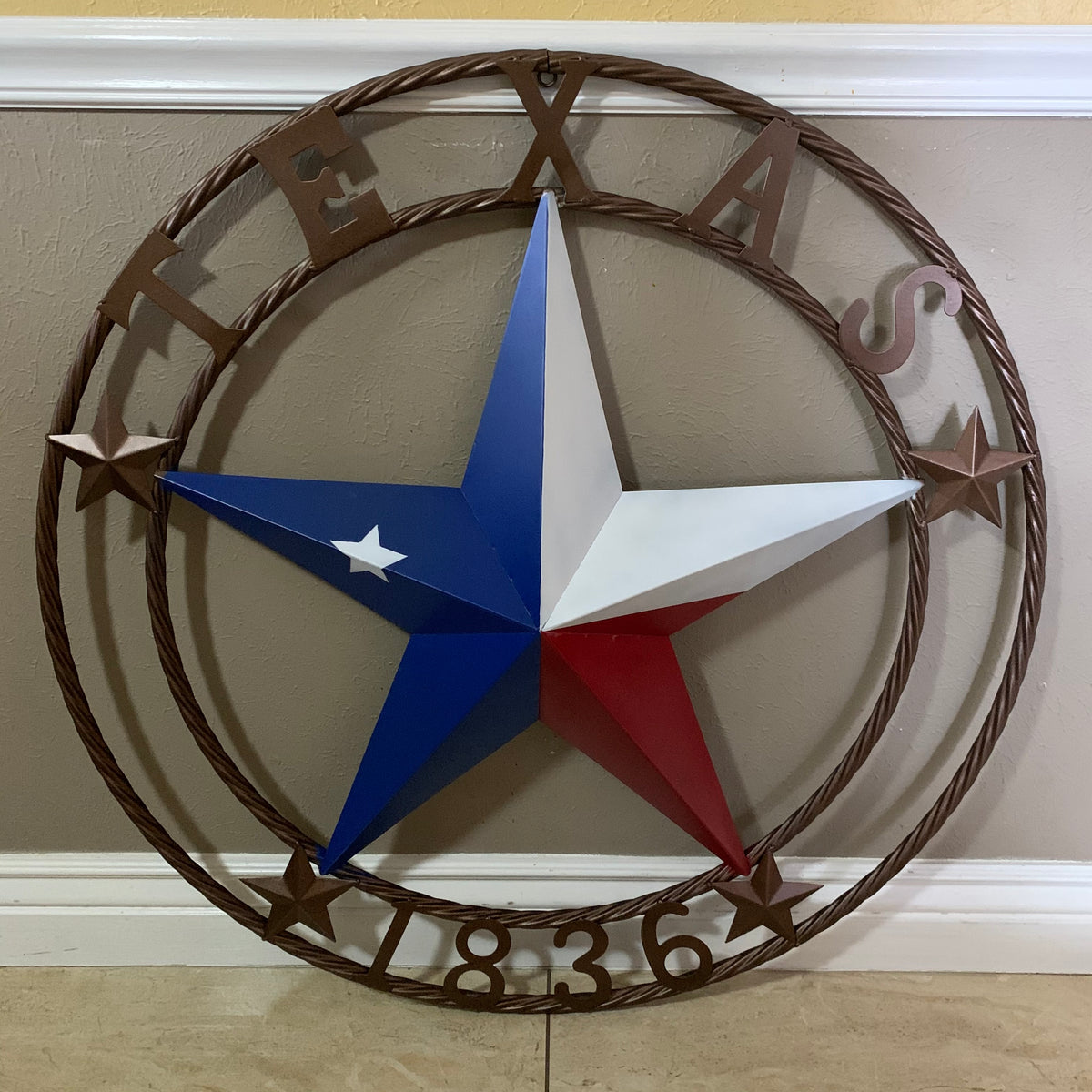 TEXAS 1836  FLAG STAR RED WHITE BLUE BARN STAR TWISTED ROPE RING BRONZE WESTERN HOME DECOR  #EH10958