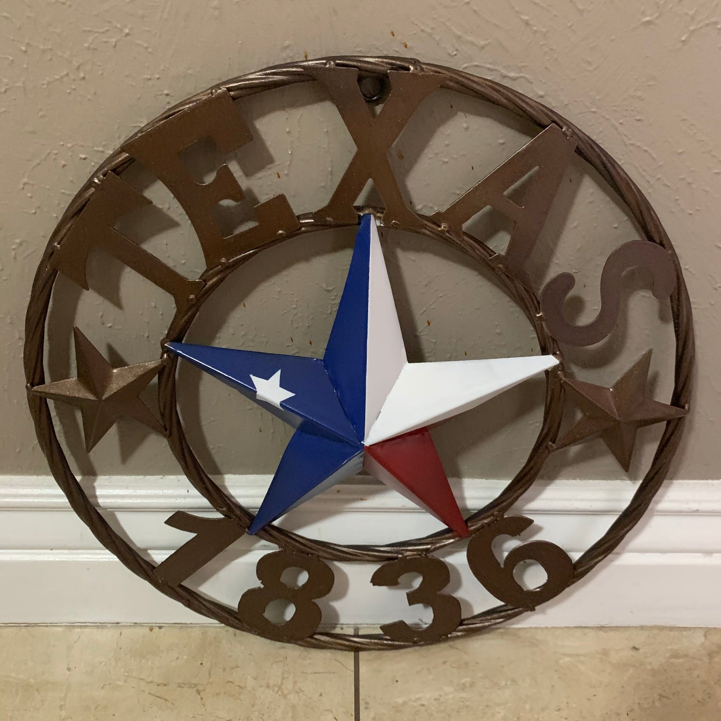 16" TEXAS 1836 RED WHITE BLUE TEXAS FLAG STAR BRONZE RING METAL BARN STAR WESTERN HOME DECOR HANDMADE NEW ART