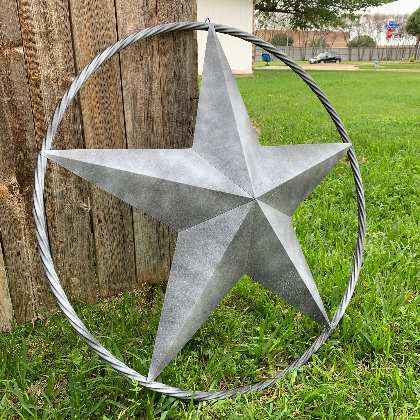 #EH10484 DARK WHITE DISTRESSED TWO TONE BARN STAR METAL LONESTAR TWISTED ROPE RING WESTERN HOME DECOR HANDMADE NEW