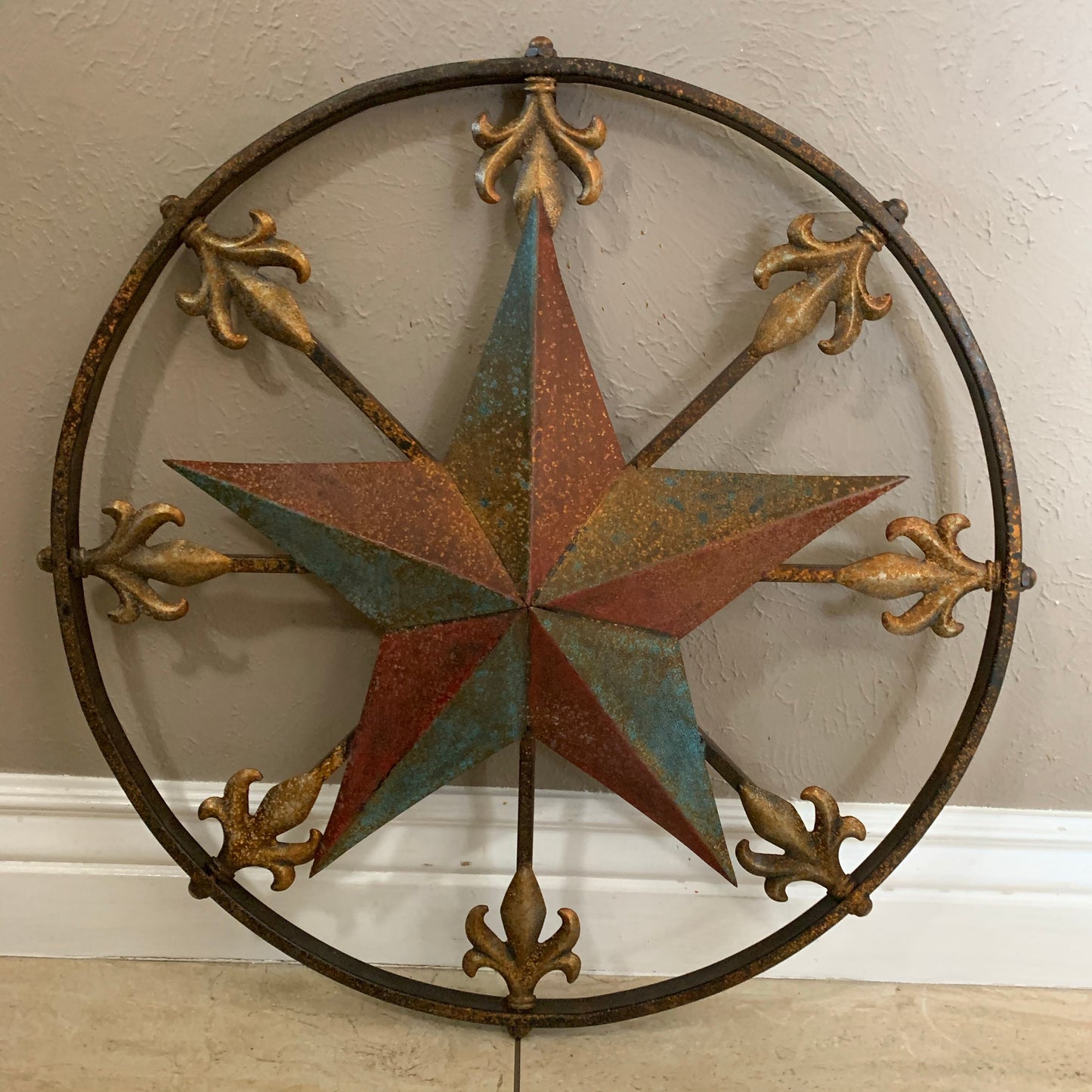 24" RUSTIC STAR & MULTI FLEUR DE LIS METAL WALL ART WESTERN HOME DECOR RED GOLD & TURQUOISE ART