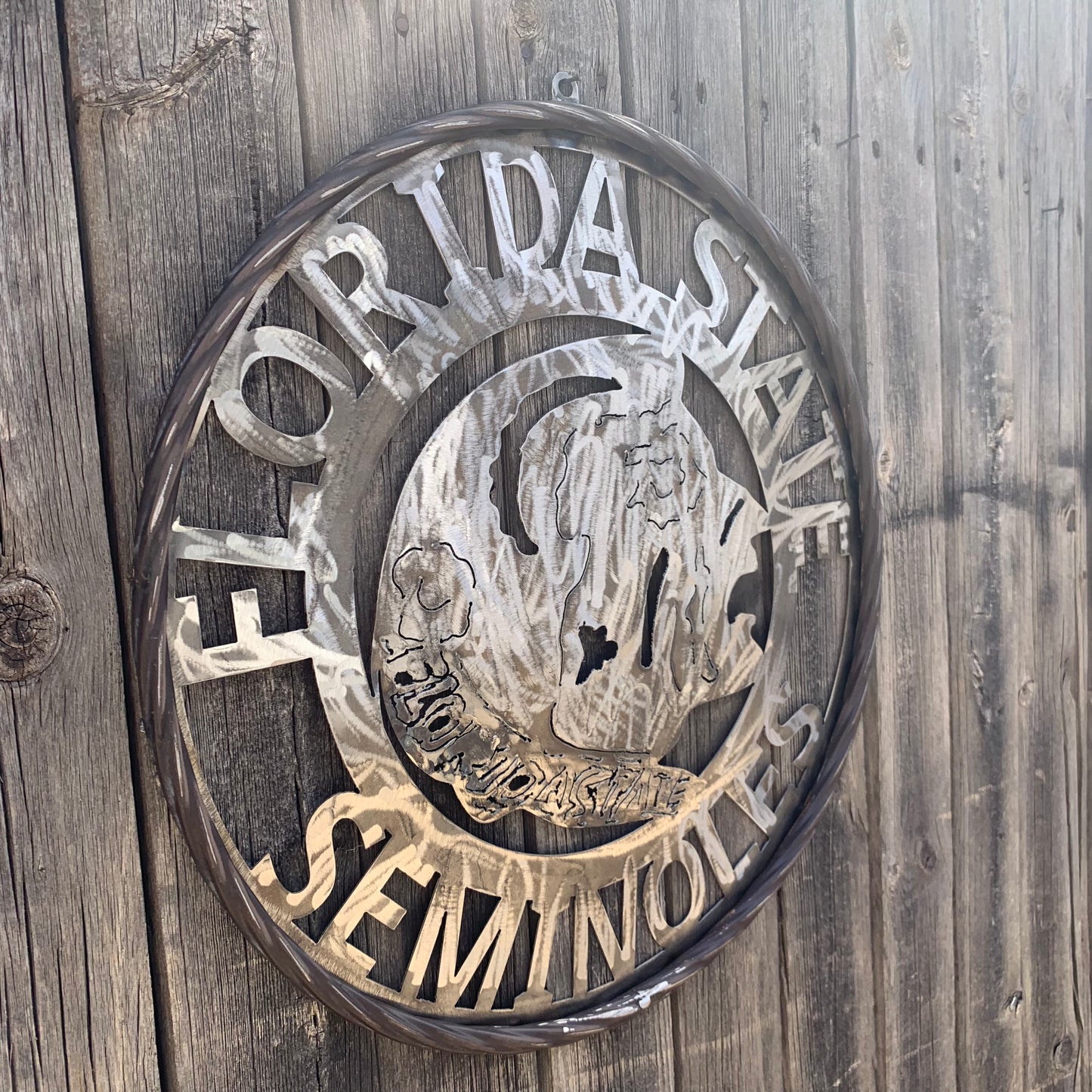 FSU FLORIDA STATE SEMINOLES INDIAN CUSTOM RAW METAL VINTAGE CRAFT TEAM SIGN HANDMADE