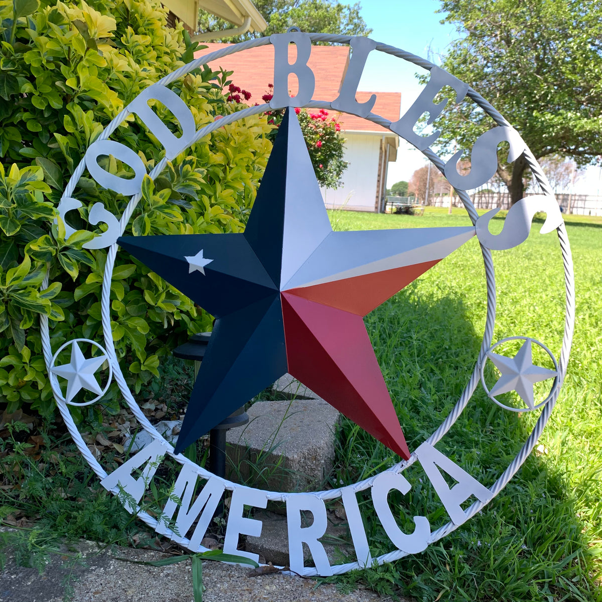 GOD BLESS AMERICA WHITE RING & RED WHITE BLUE BARN METAL STAR TWISTED RING HANDMADE NEW