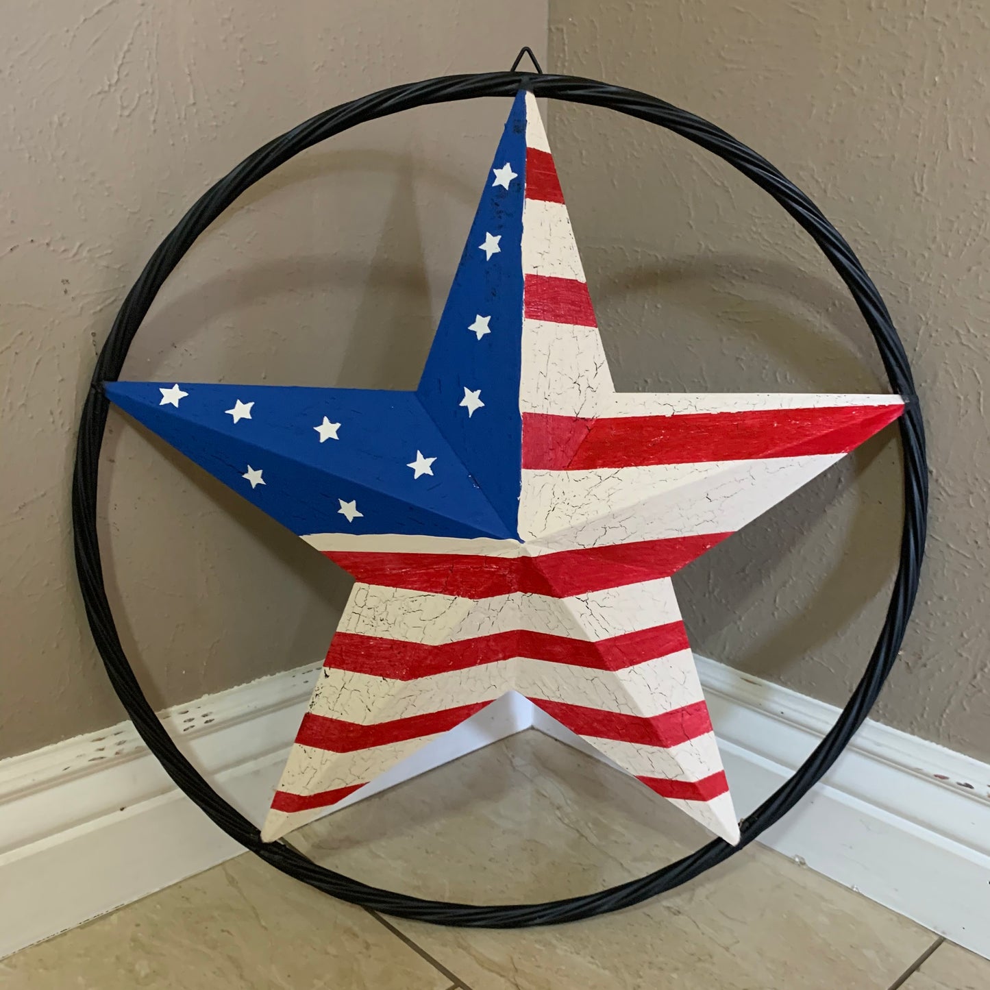 24" AMERICAN USA FLAG CRACKLE STAR METAL WALL ART WESTERN HOME DECOR HANDMADE NEW